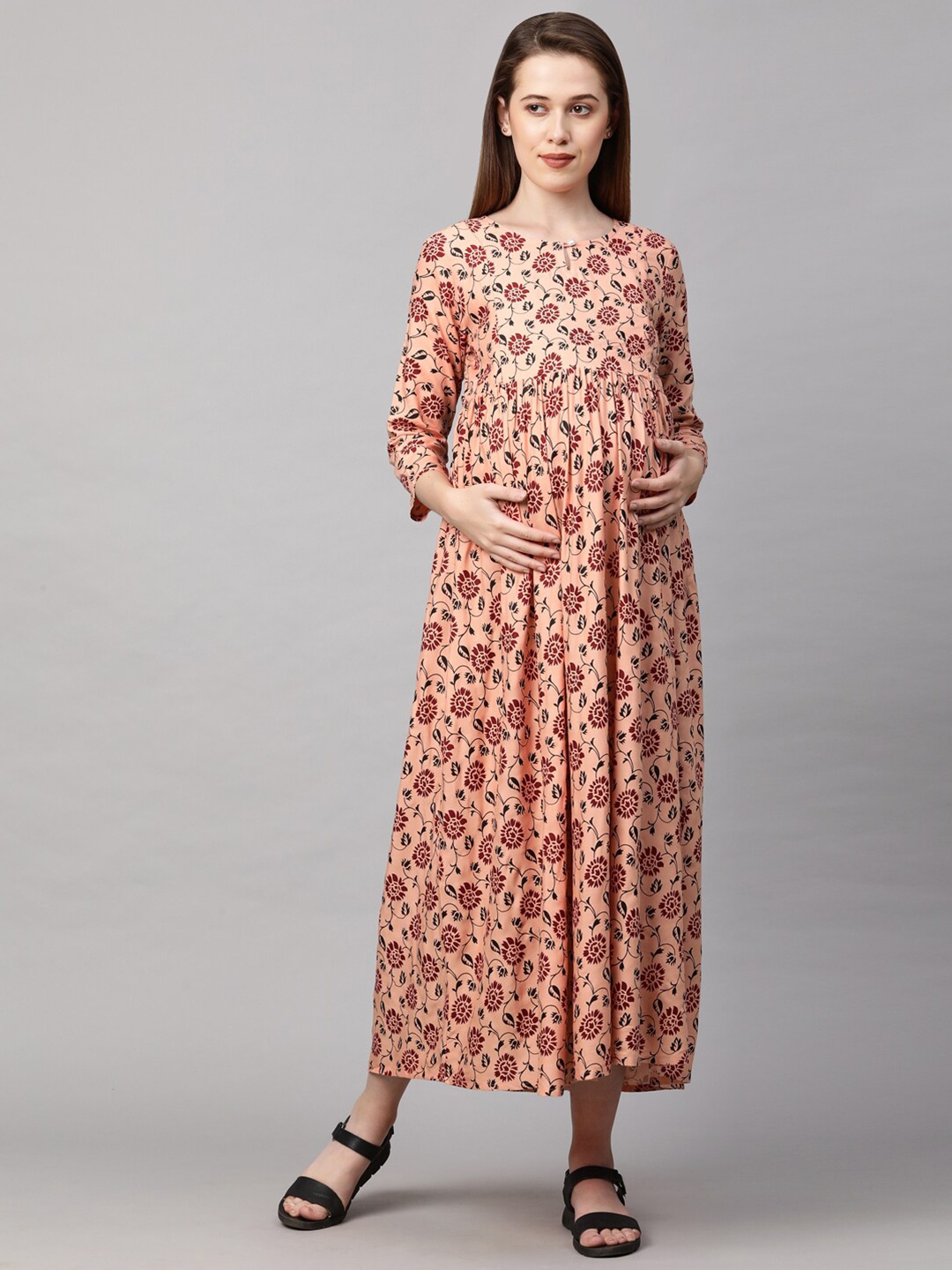 

MomToBe Peach-Coloured Floral Keyhole Neck Maternity Maxi Nursing Sustainable Dress