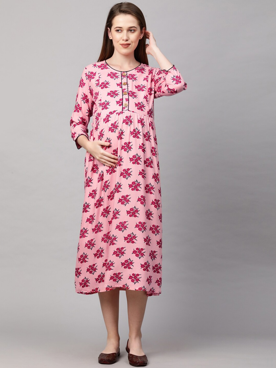 

MomToBe Pink Floral Printed Maternity Nursing A-Line Midi Dress
