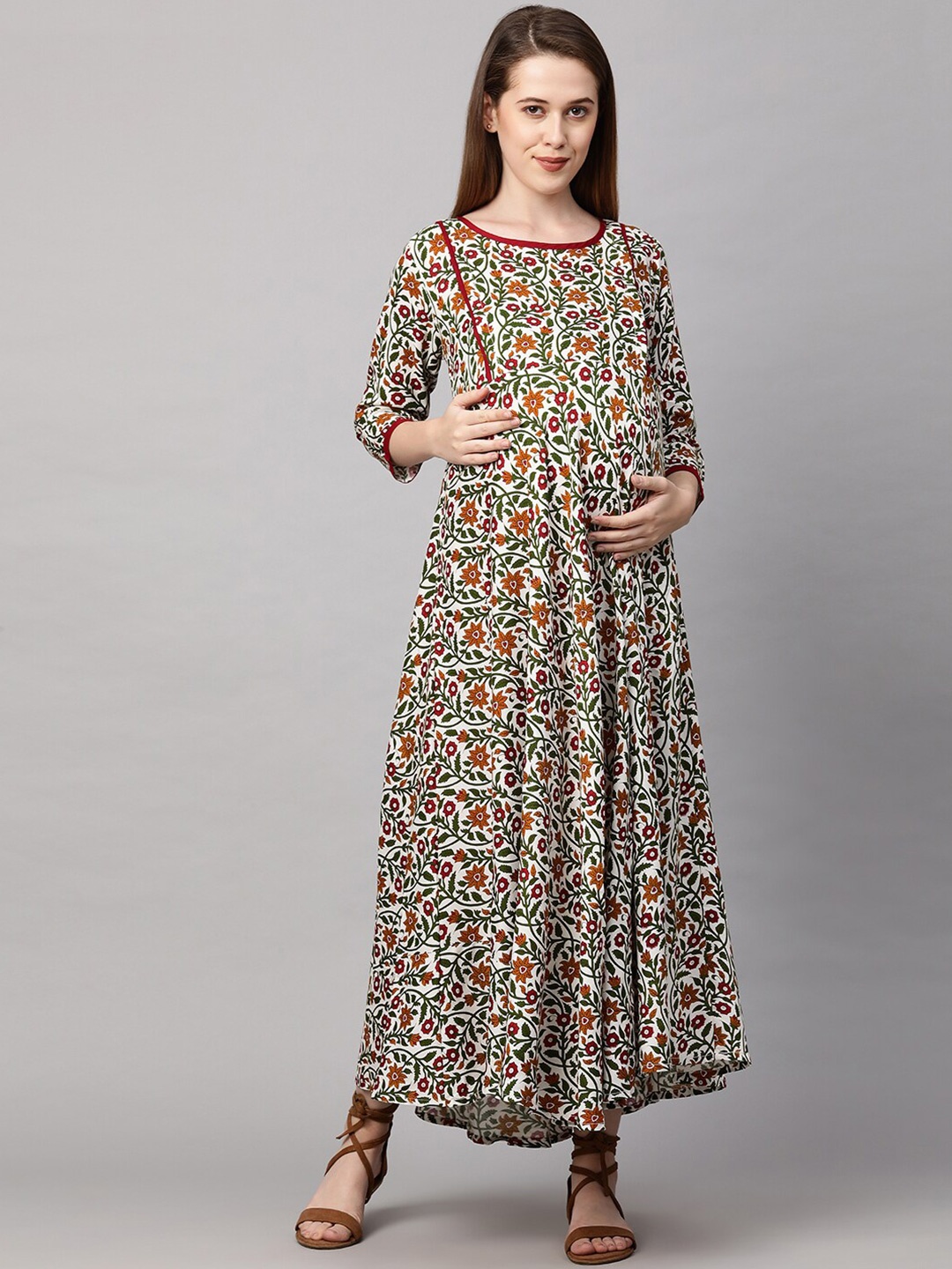 

MomToBe Women Green & Red Floral Printed Maternity Nursing Maxi Sustainable Dress