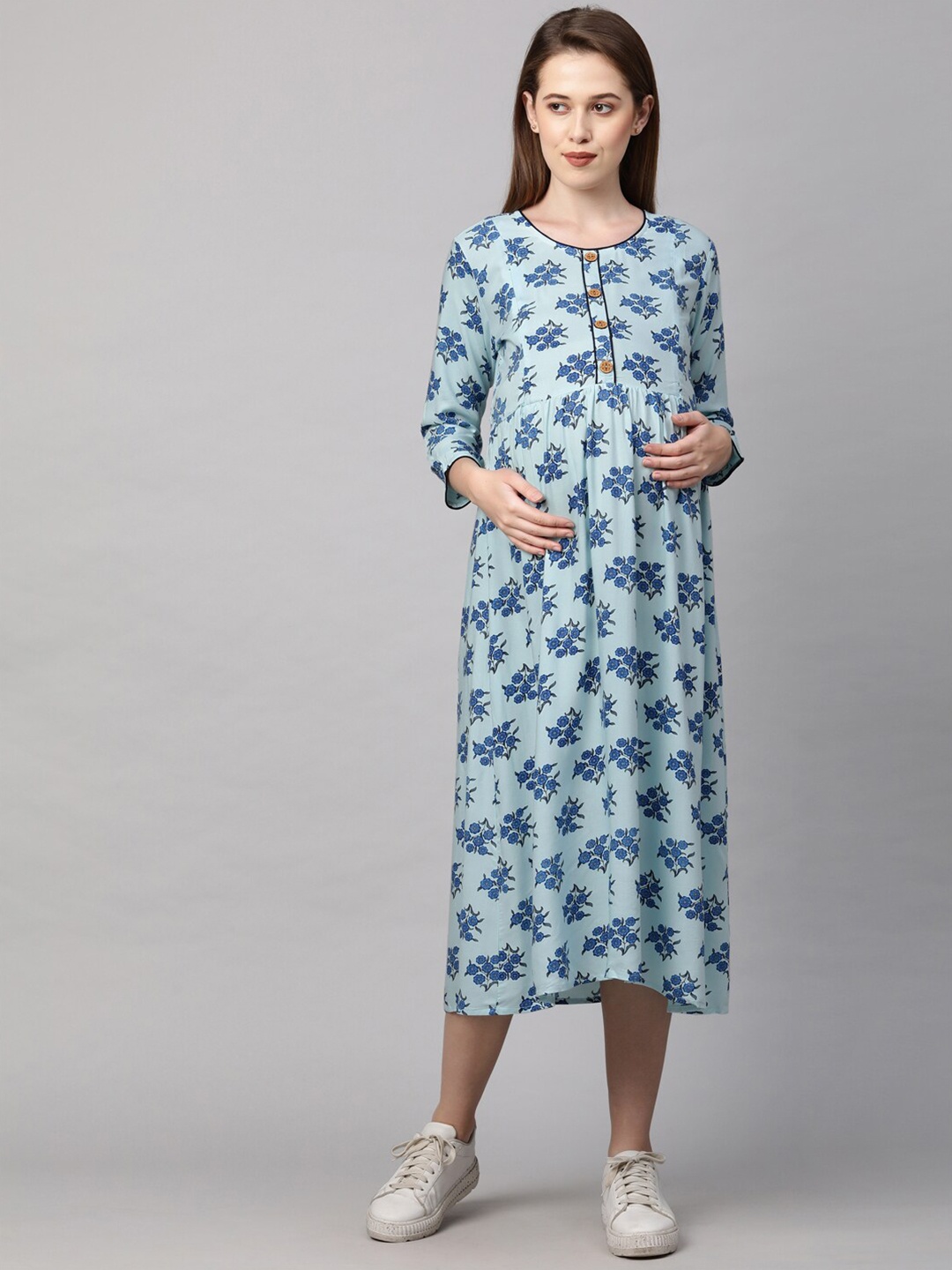 

MomToBe Blue Floral Maternity A-Line Midi Nursing Dress