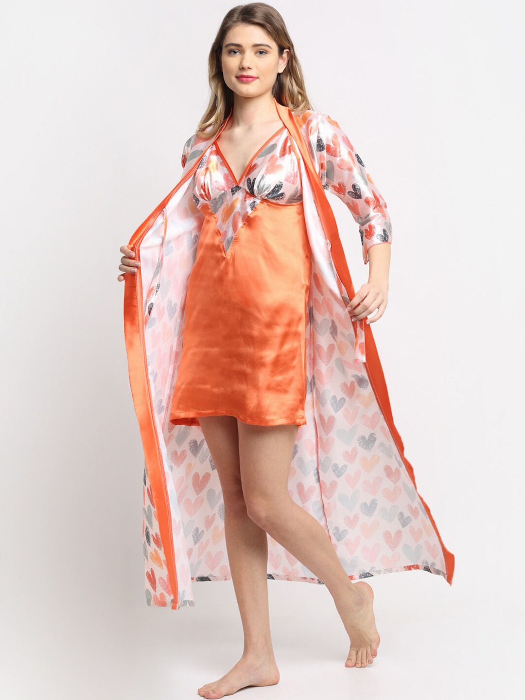 

Claura Orange Printed Satin Nightdress with Robe