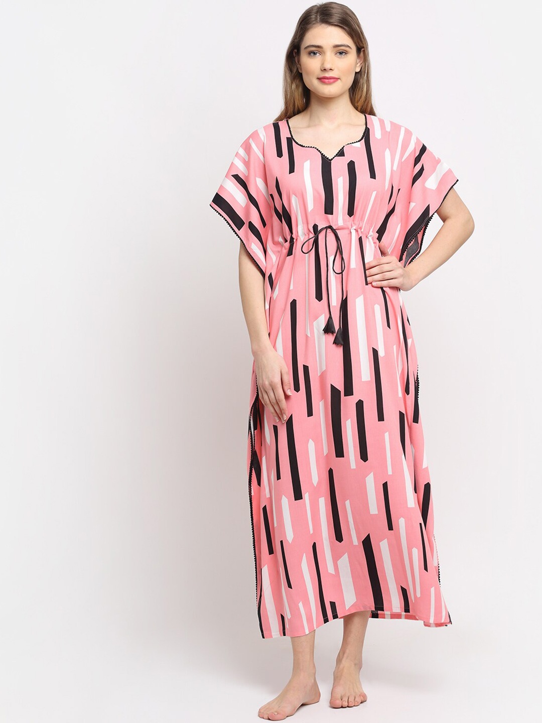 

Claura Pink & White Geometric Printed Maxi Kaftan Nightdress