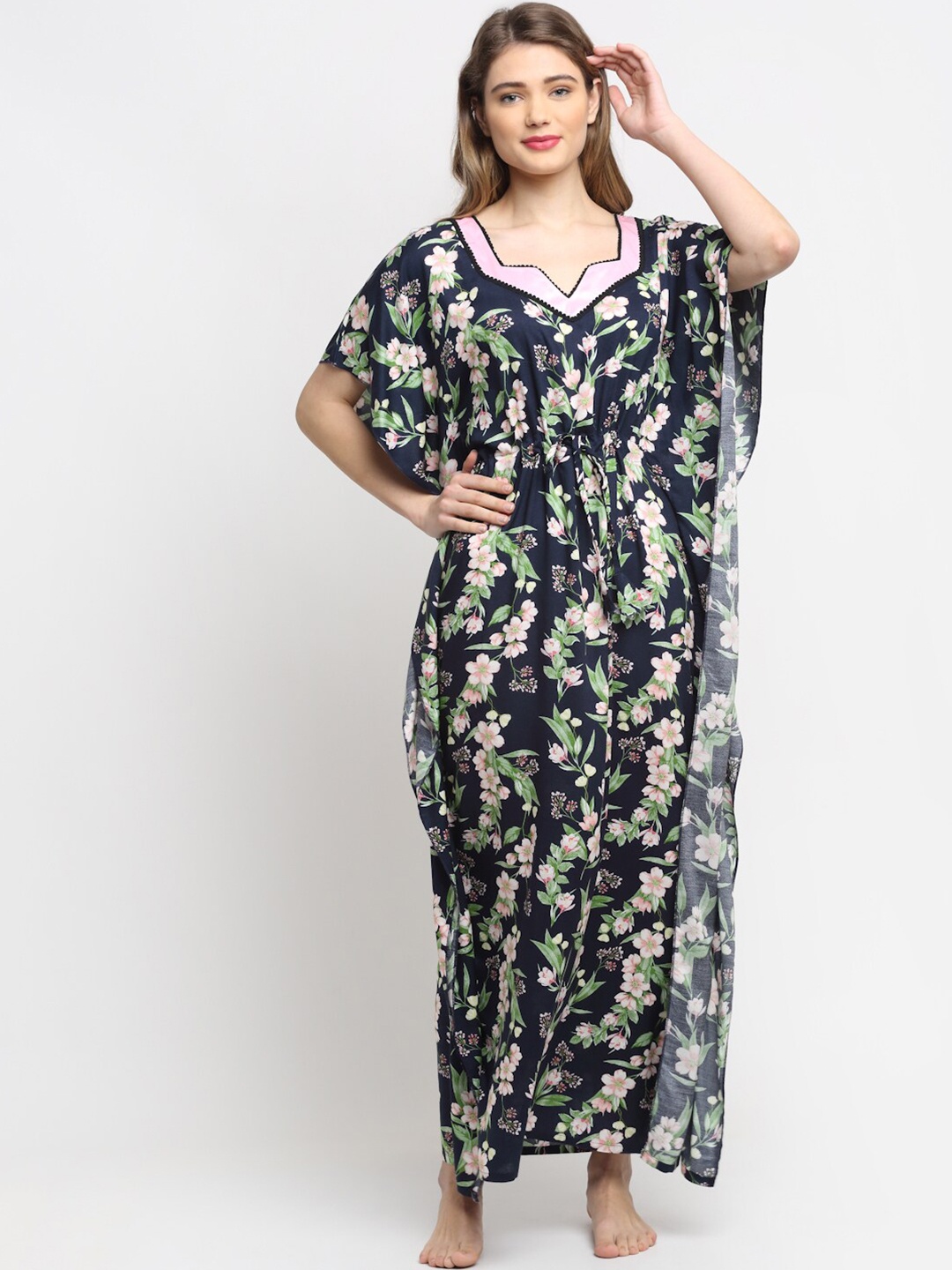 

Claura Women Navy Blue Printed Kaftan Nightdress