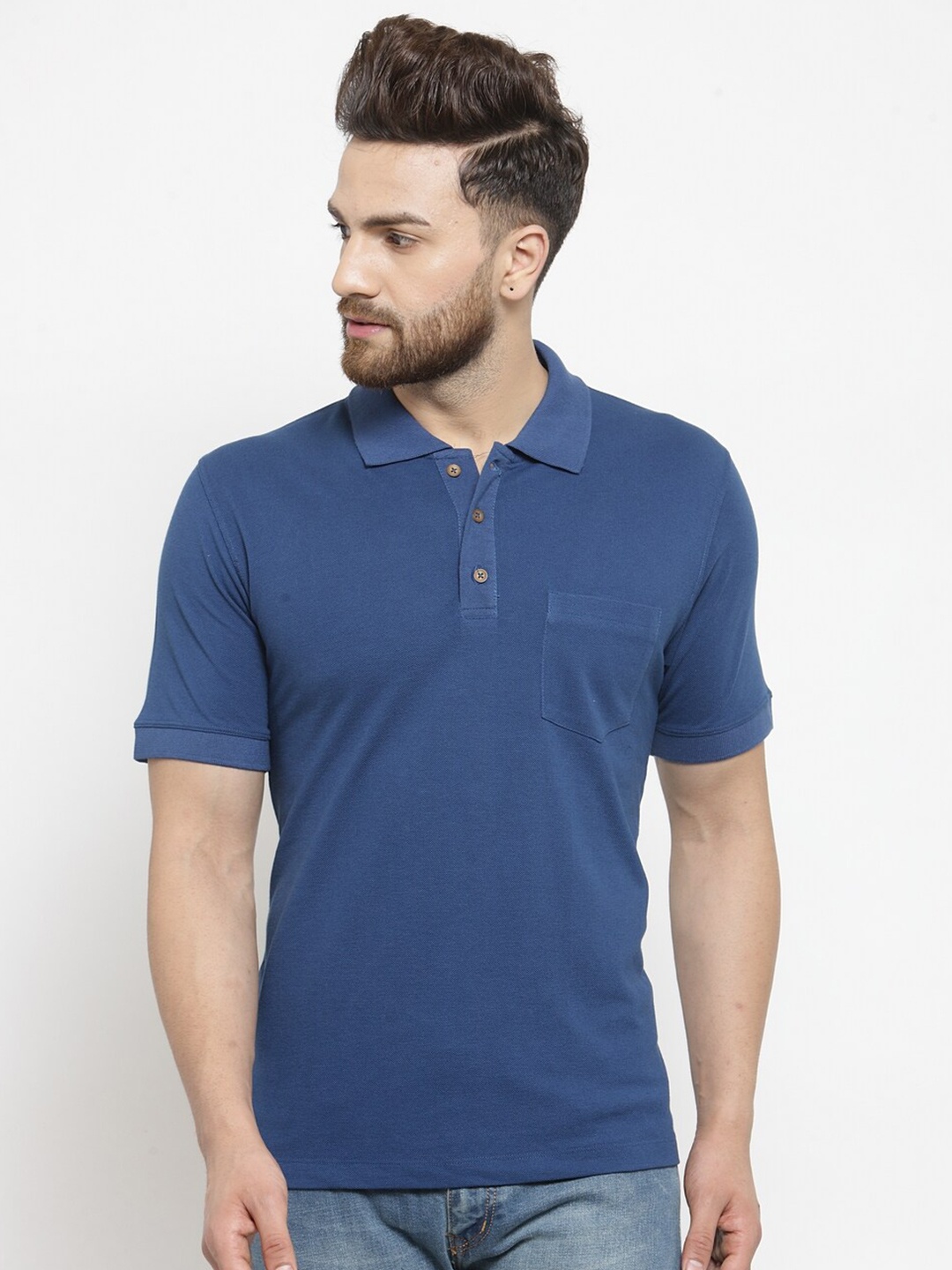 

Kalt Men Blue Polo Collar Pockets T-shirt