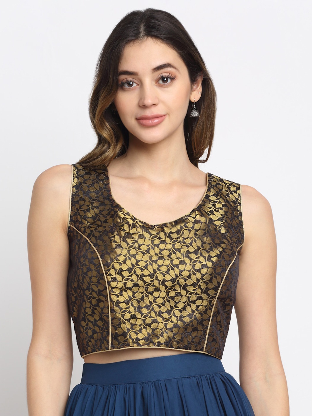 

Grancy Navy Blue & Gold-Coloured Printed Silk Saree Blouse
