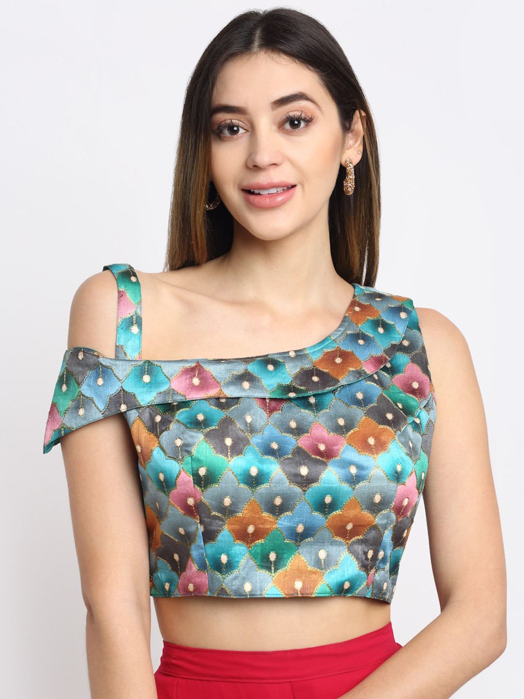 

Grancy Blue & Orange Printed Brocade Saree Blouse