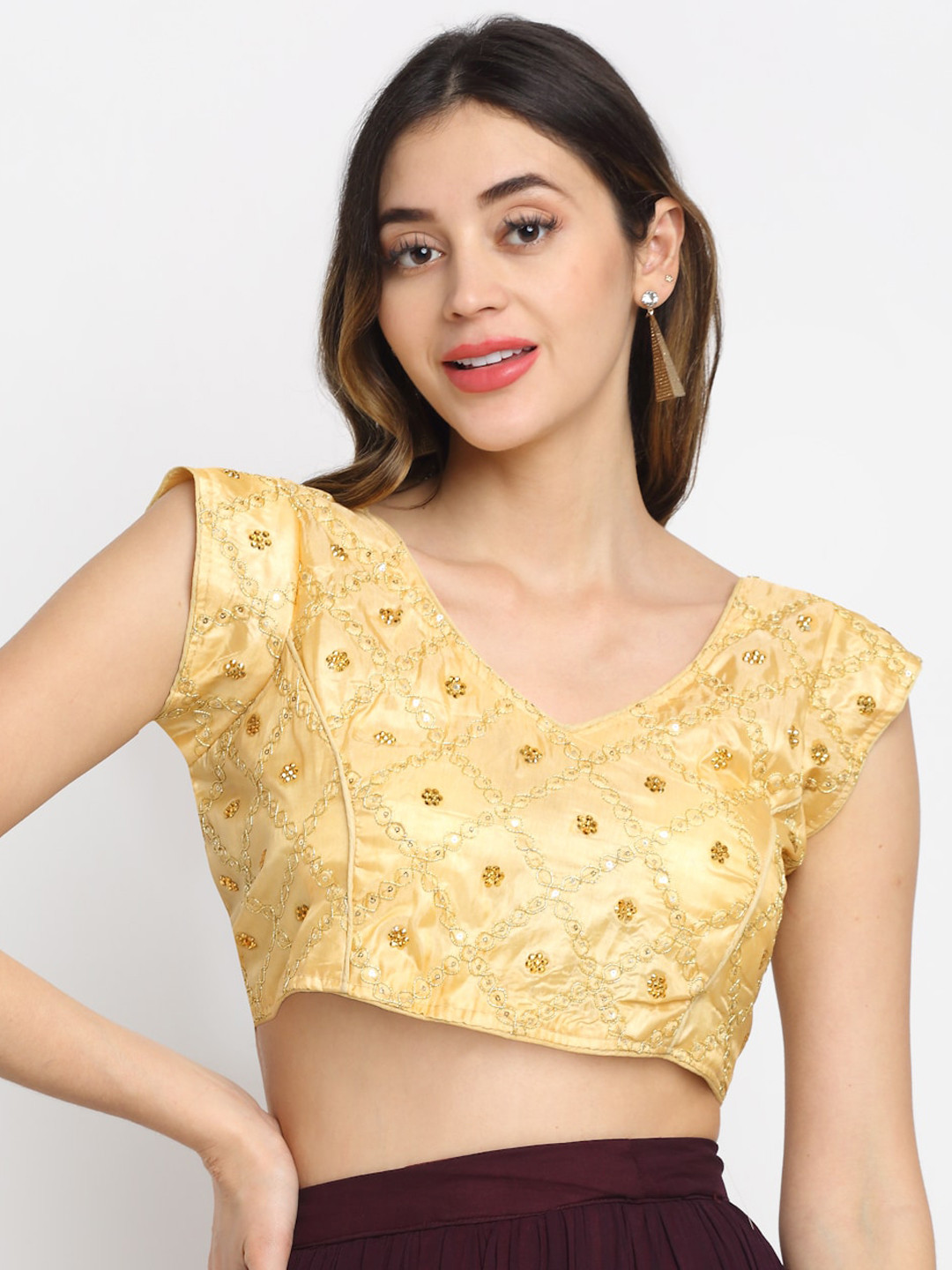 

Grancy Women Gold-Coloured Embroidered Silk Saree Blouse
