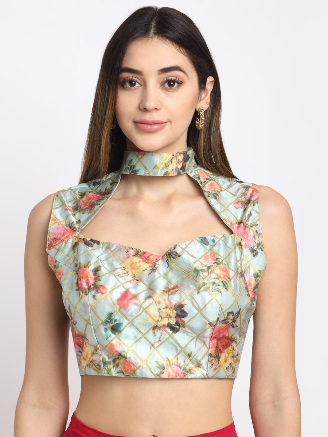 

Grancy Women Blue & Pink Floral Printed Halter Neck Saree Blouse