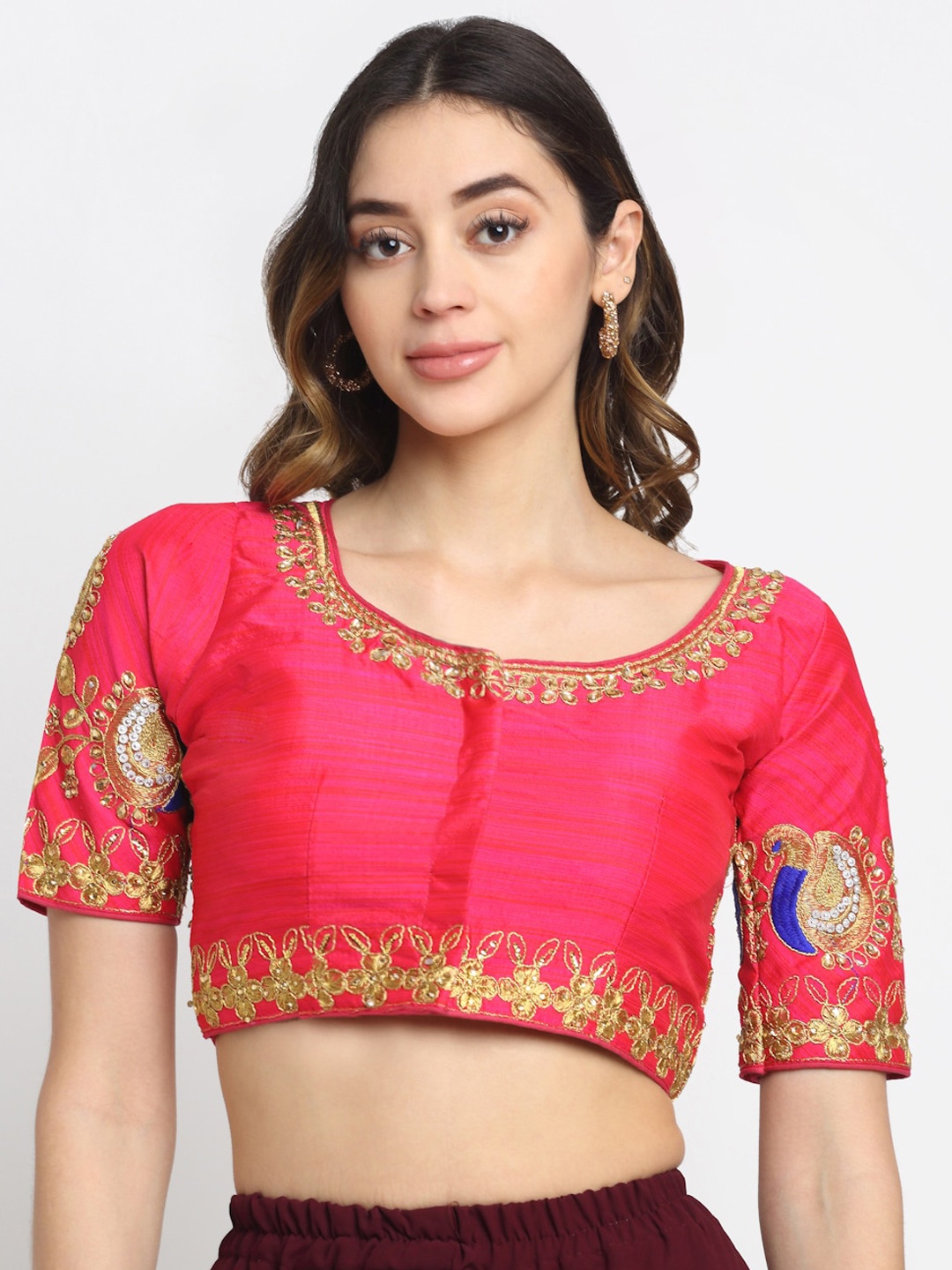 

Grancy Women Fuchsia & Golden Colored Embroidered Round Neck Saree Blouse