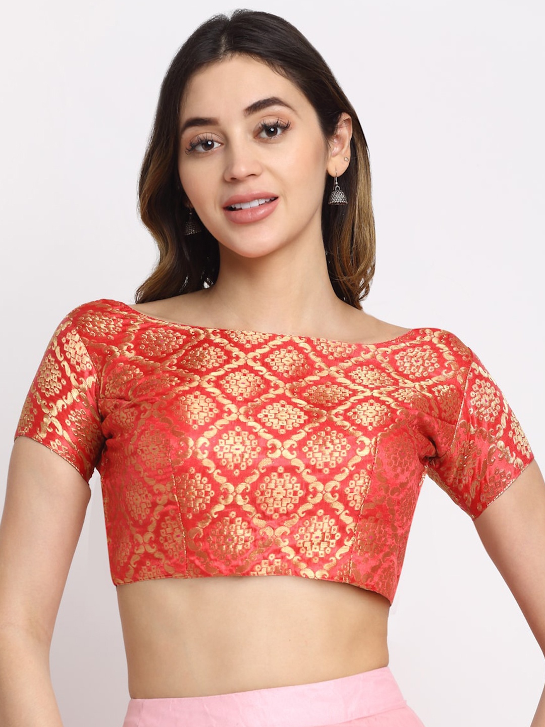 

Grancy Red & Gold-coloured Printed Silk Blouse