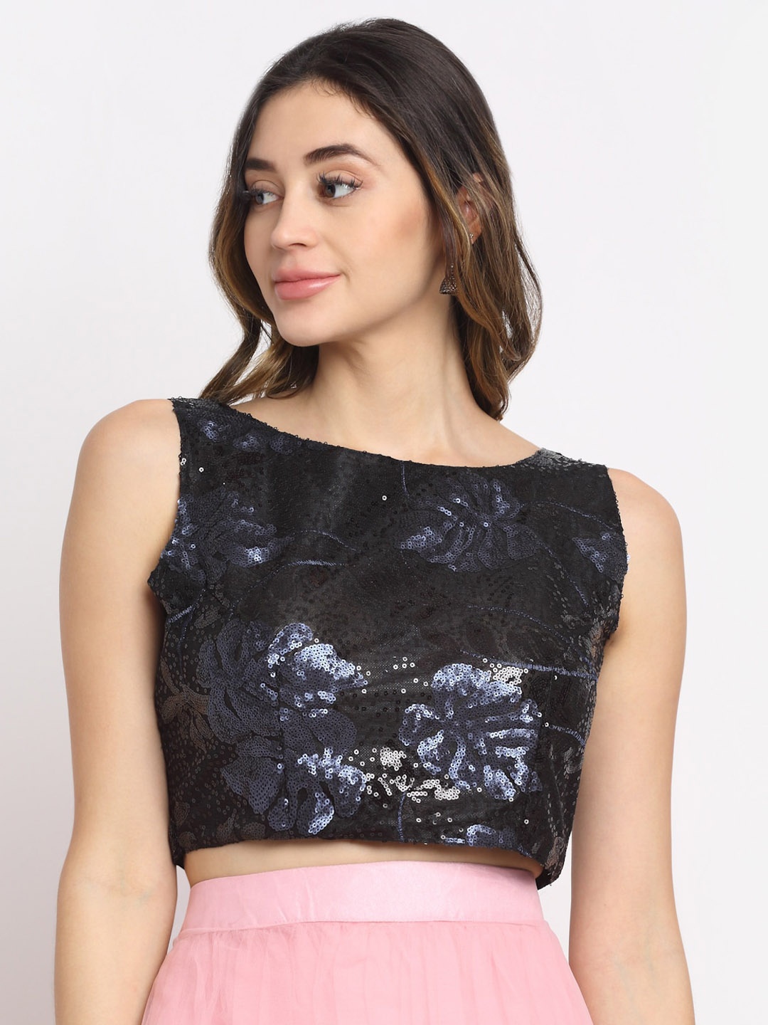 

Grancy Navy Blue Sequinned Embellished Velvet Saree Blouse