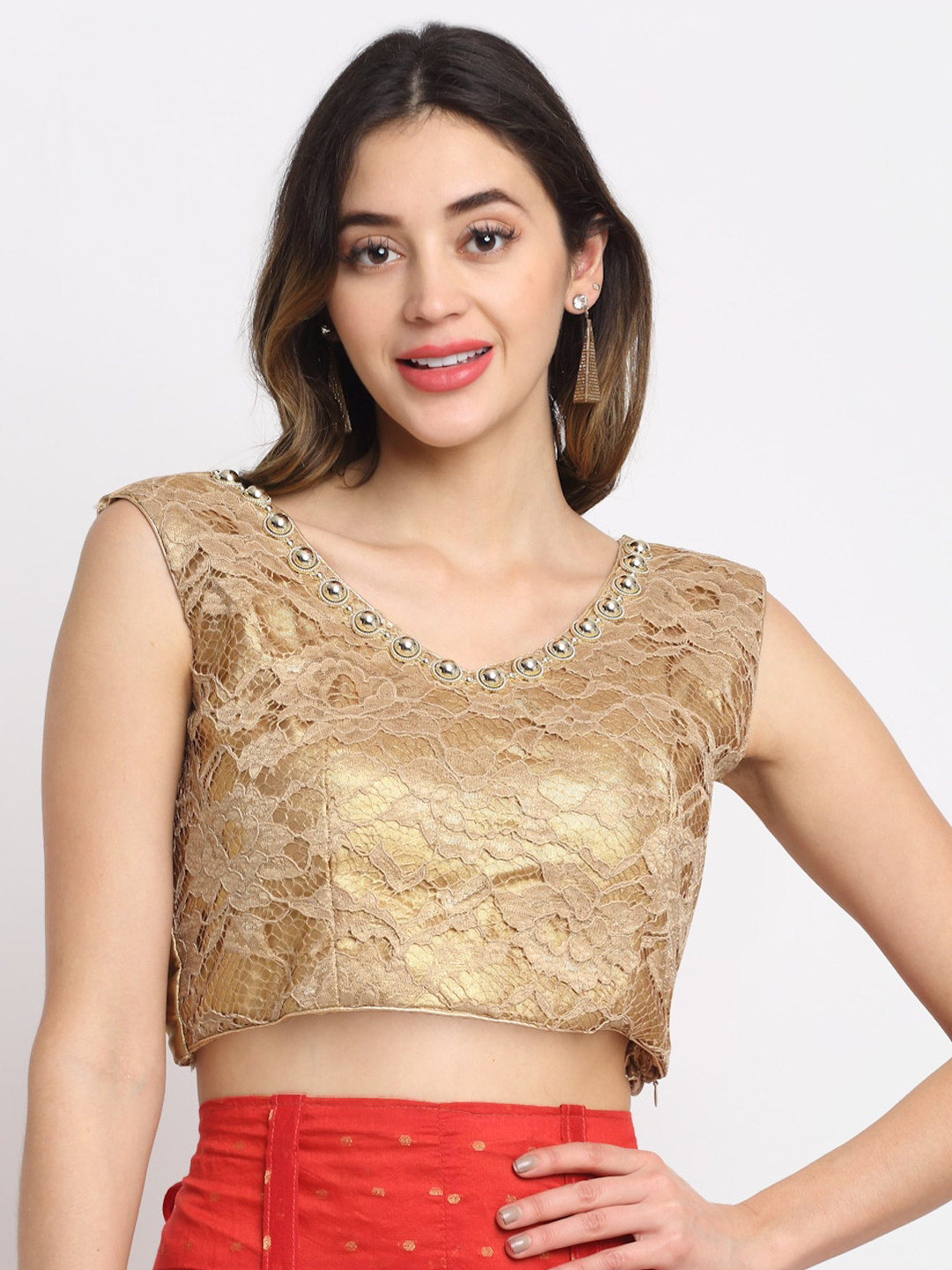 

Grancy Women Gold-Coloured Embroidered Silk Blouse
