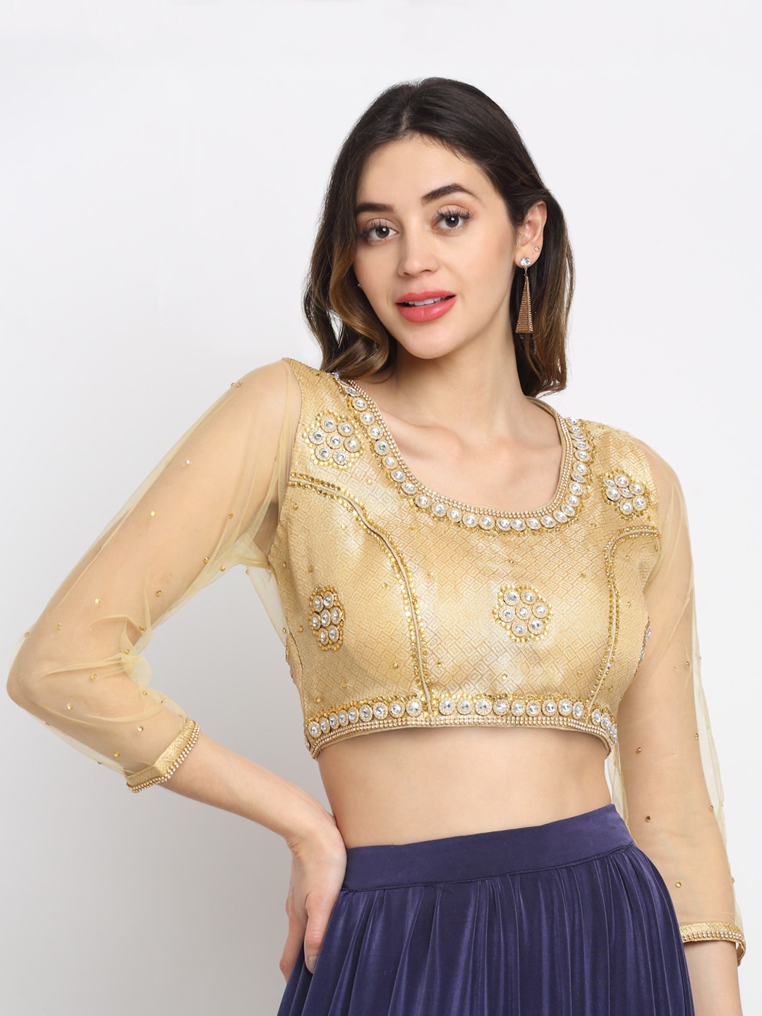 

Grancy Gold Beads & Stones Embroidered Silk Saree Blouse