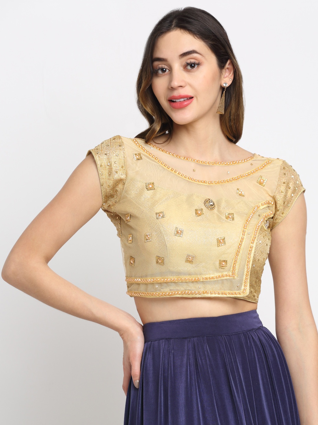 

Grancy Women Gold-Coloured Beads Embroidered Silk Saree Blouse