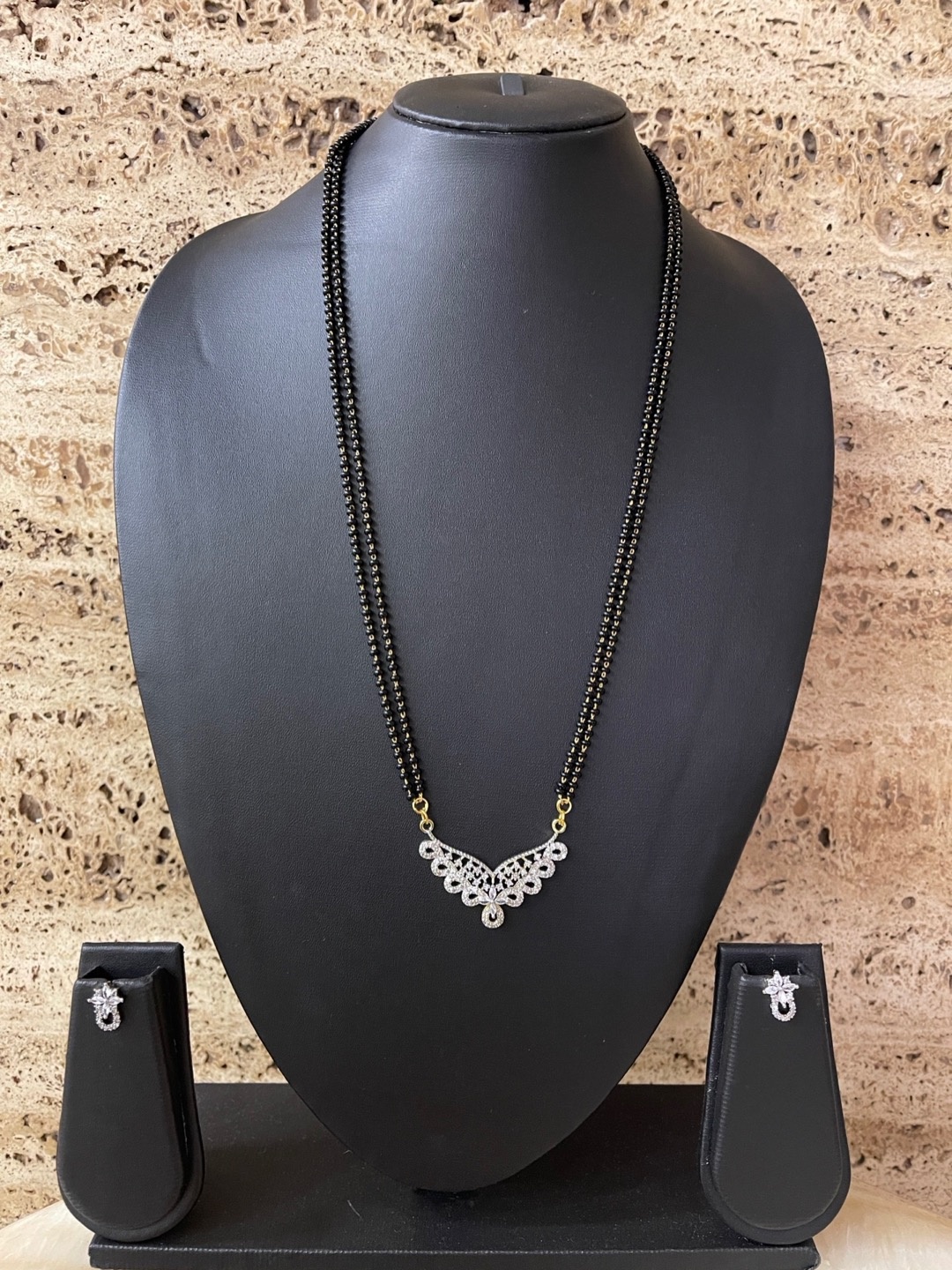 

Digital Dress Room Gold-Plated White & Black Stone Studded & Beaded Mangalsutra Set