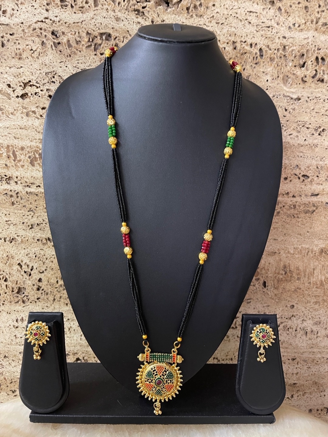 

Digital Dress Room Gold-Plated Black & Red Stone-Studded Beaded Mangalsutra Set