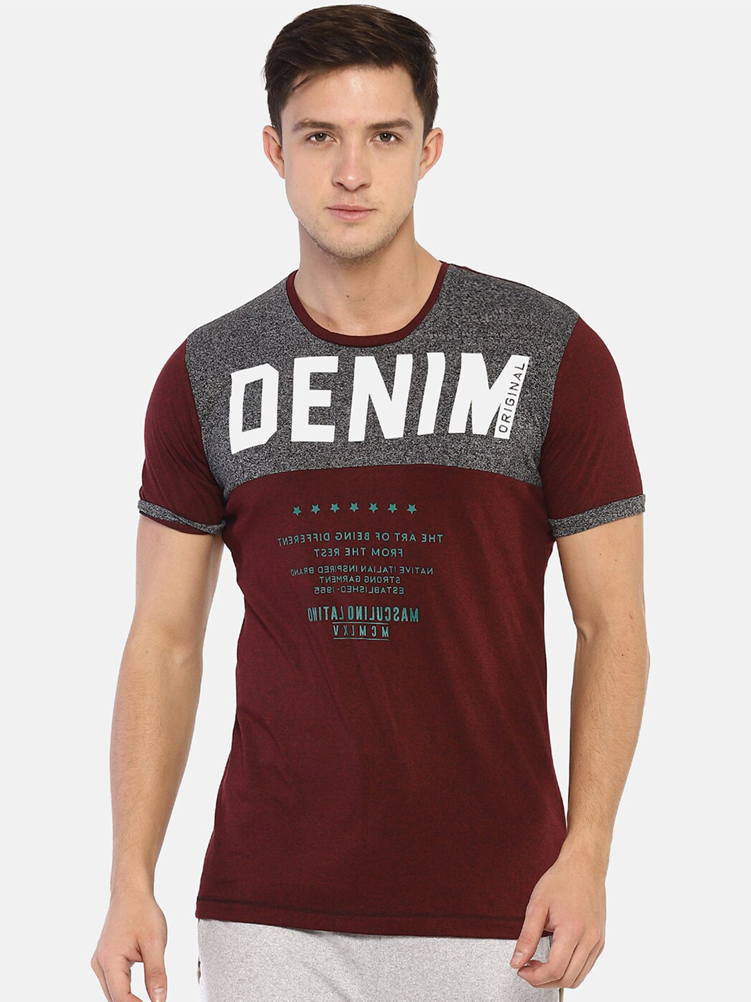 

Masculino Latino Men Burgundy & Grey Typography Regular Fit Printed T-shirt