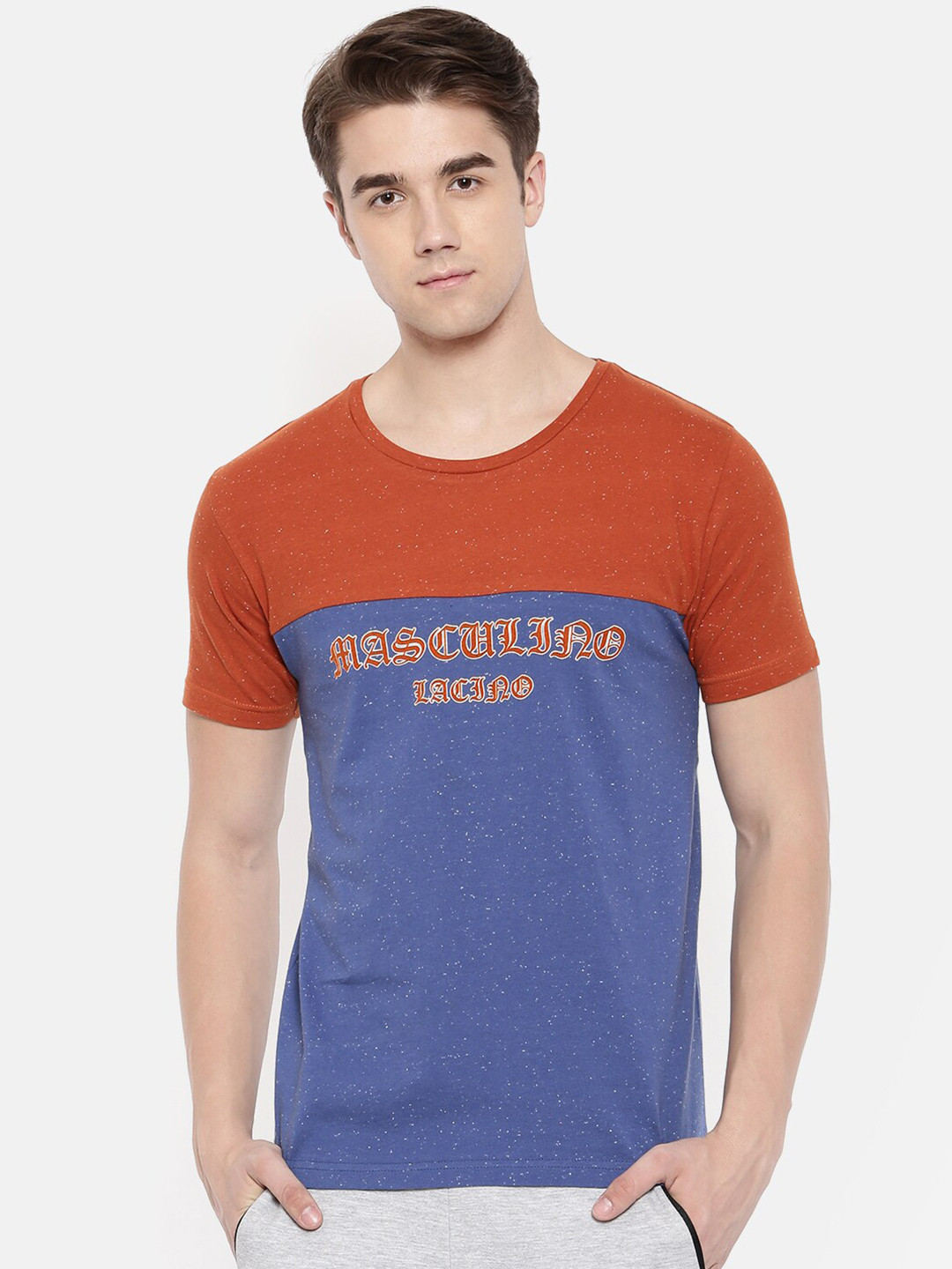 

Masculino Latino Men Blue Colourblocked Round Neck Cotton T-shirt
