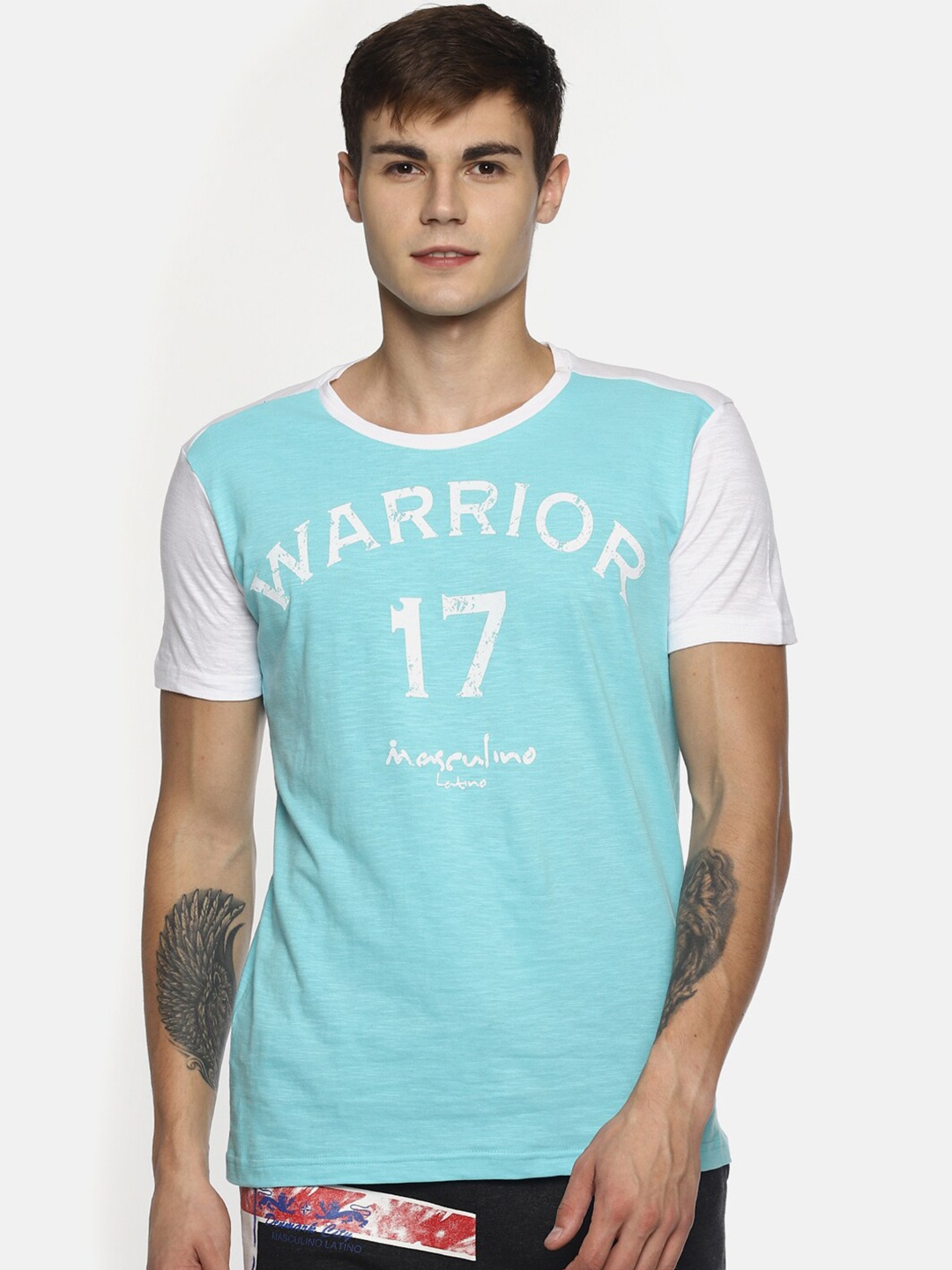 

Masculino Latino Men Turquoise Blue Typography Colourblocked Cotton T-shirt