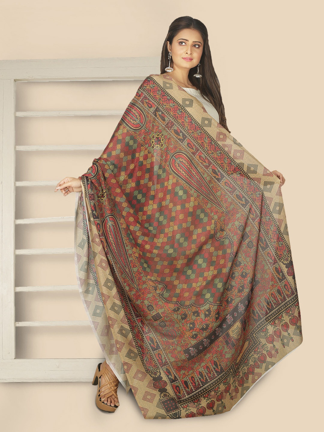 

Sanwara Women Beige & Red Printed Dupatta