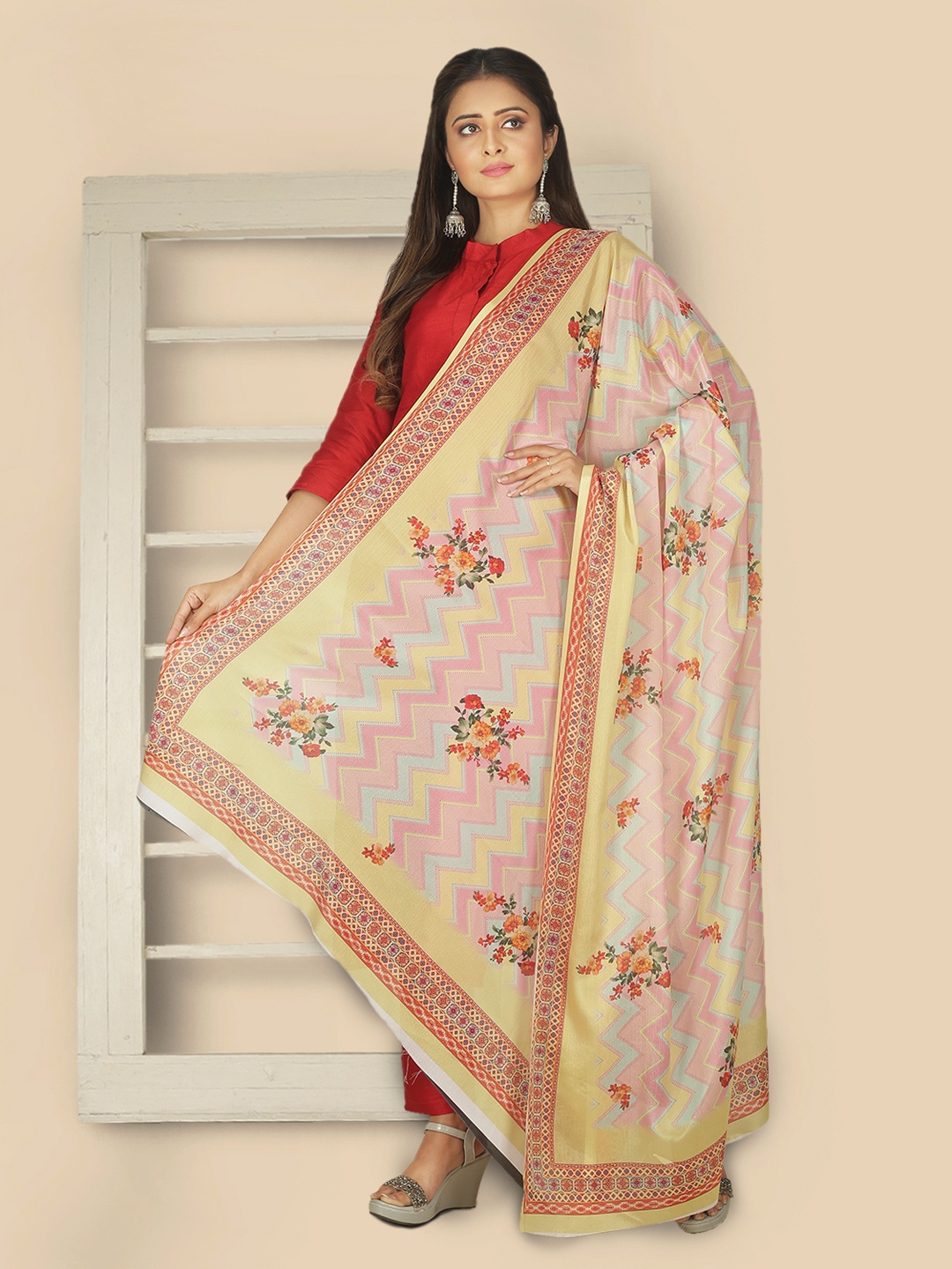 

Sanwara Yellow & Red Printed Pure Silk Dupatta