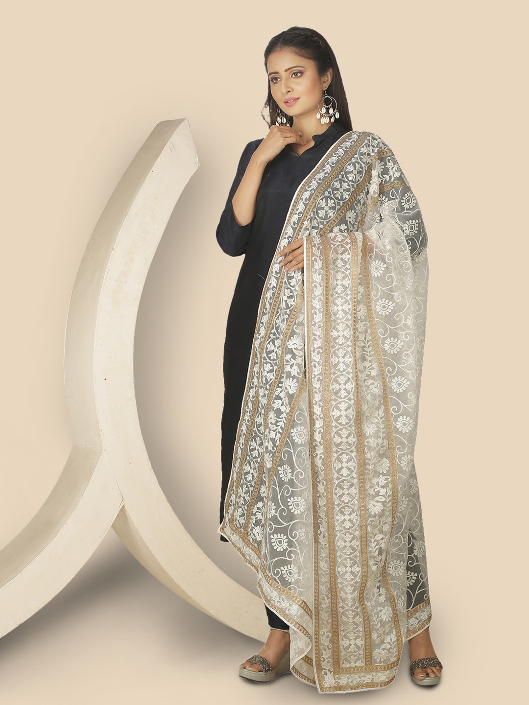 

Sanwara Woman White & Gold-Toned Woven Design Organza Dupatta with Thread Work