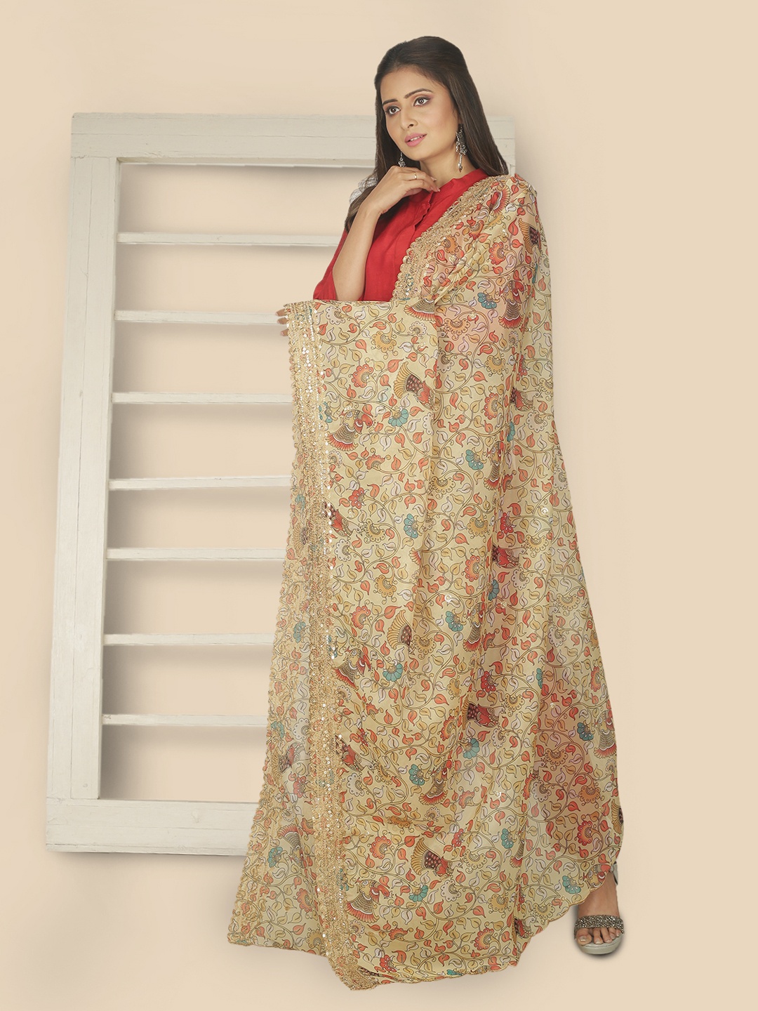 

Sanwara Yellow & Red Woven Design Organza Dupatta with Zari