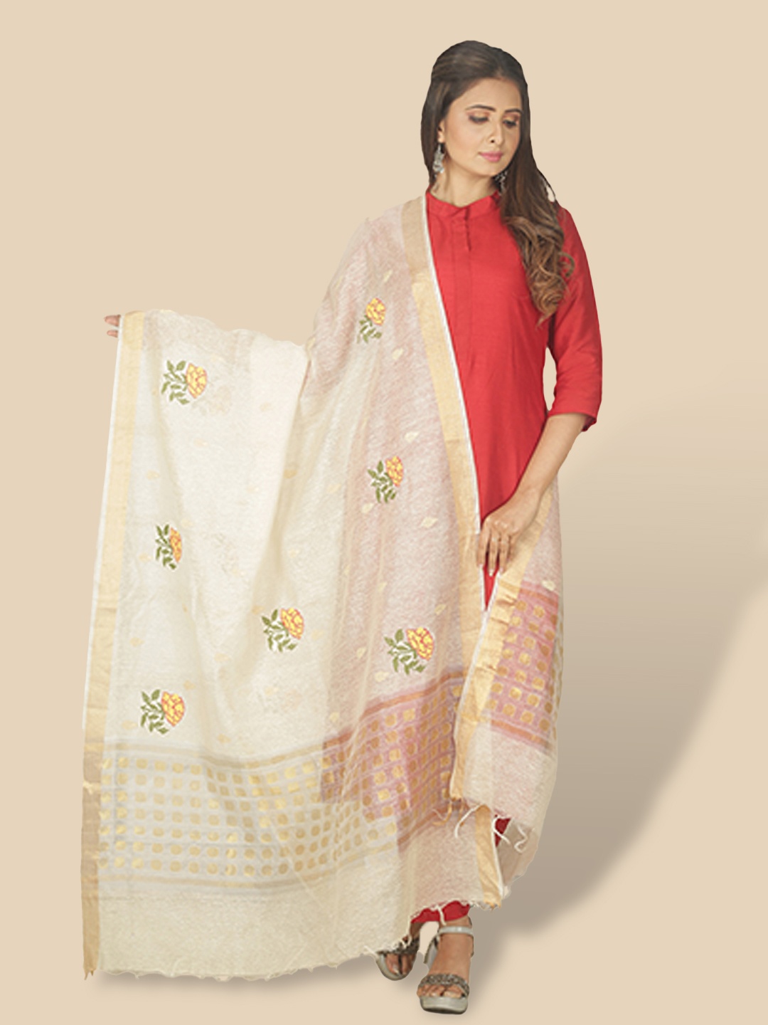 

Sanwara Cream-Coloured & Yellow Woven Design Pure Silk Dupatta