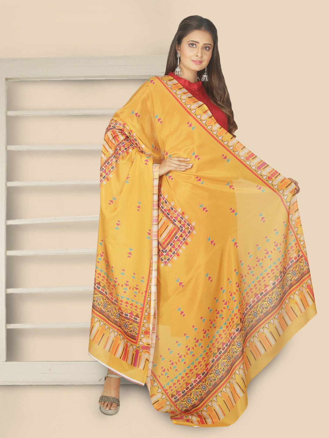 

Sanwara Yellow & Red Printed Pure Silk Dupatta
