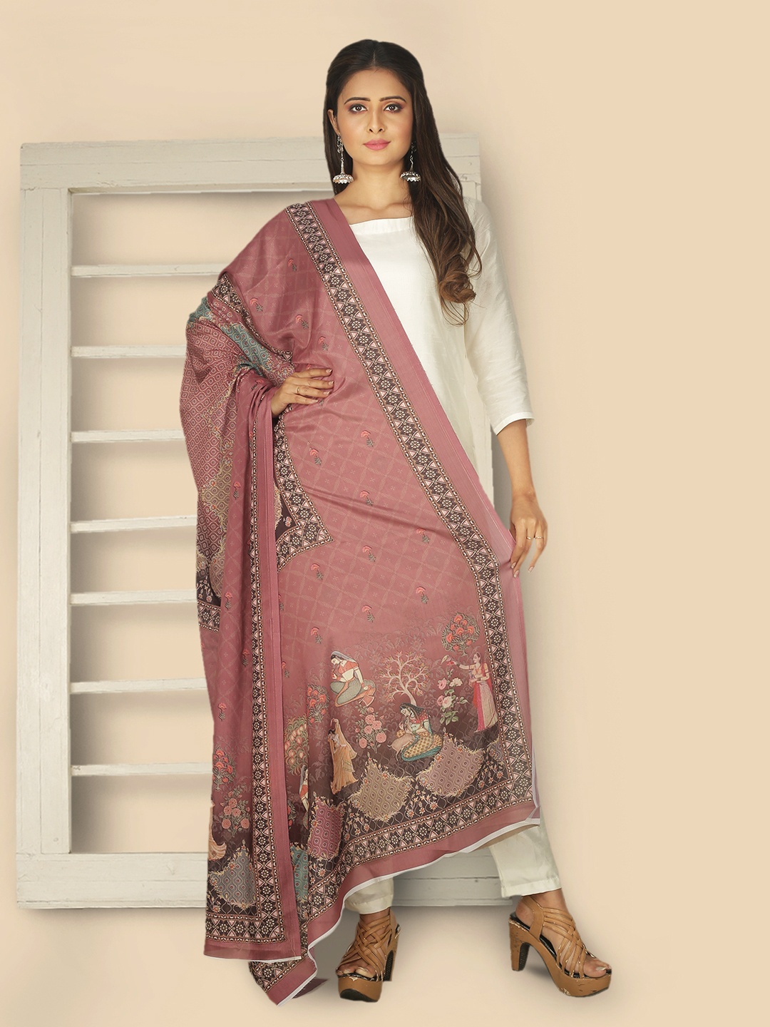 

Sanwara Pink & Green Ethnic Motifs Printed Pure Silk Dupatta
