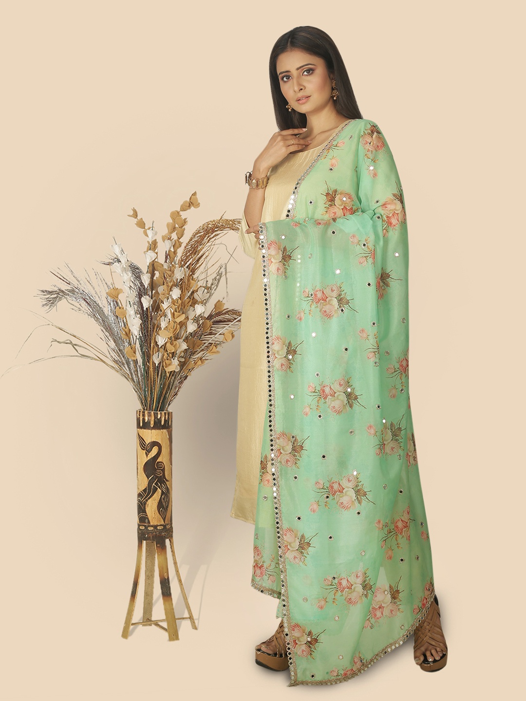 

Sanwara Green & Pink Printed Organza Dupatta with Mirror Work