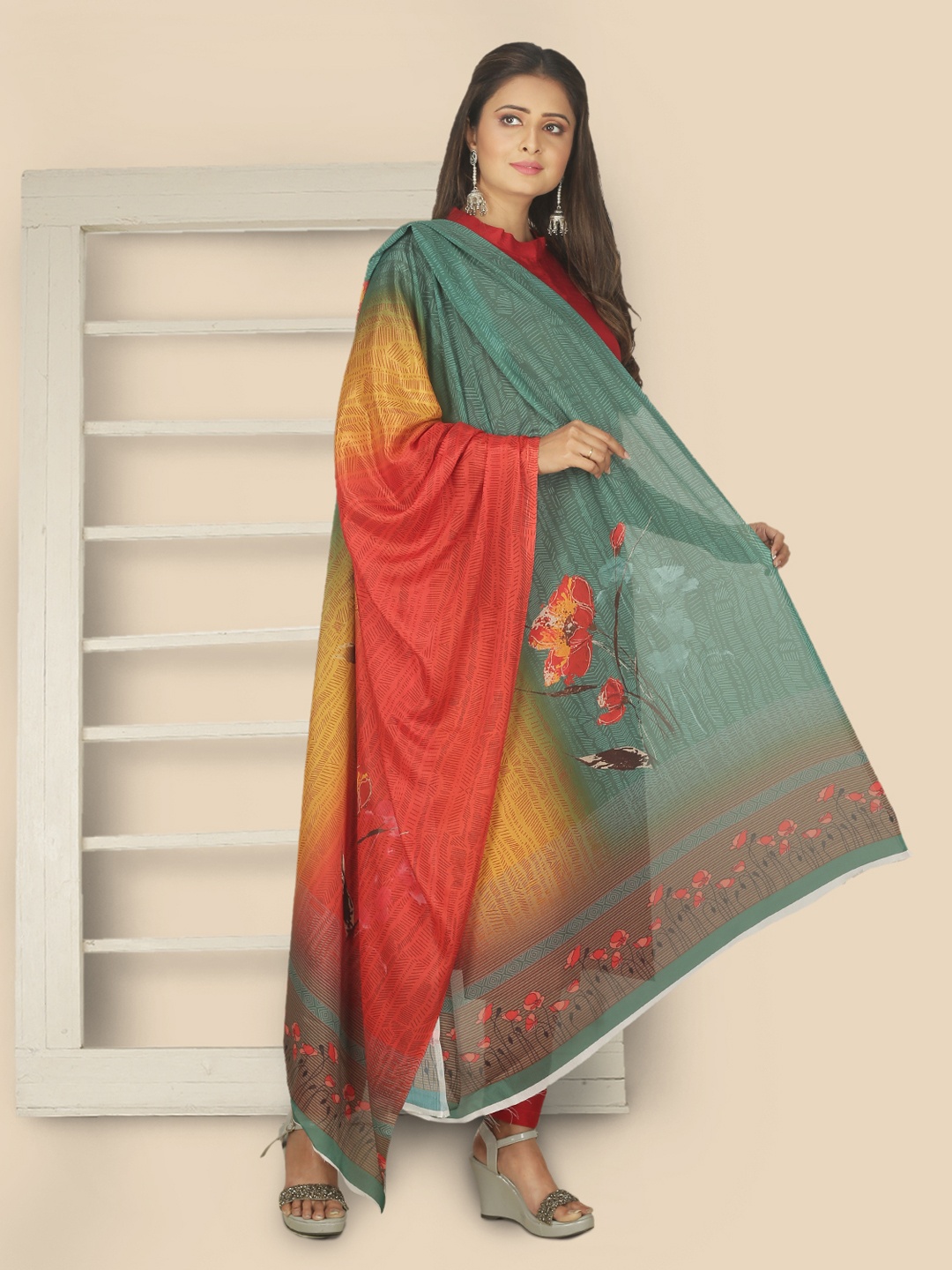 

Sanwara Women Mustard & Green Printed Tusser Silk Dupatta