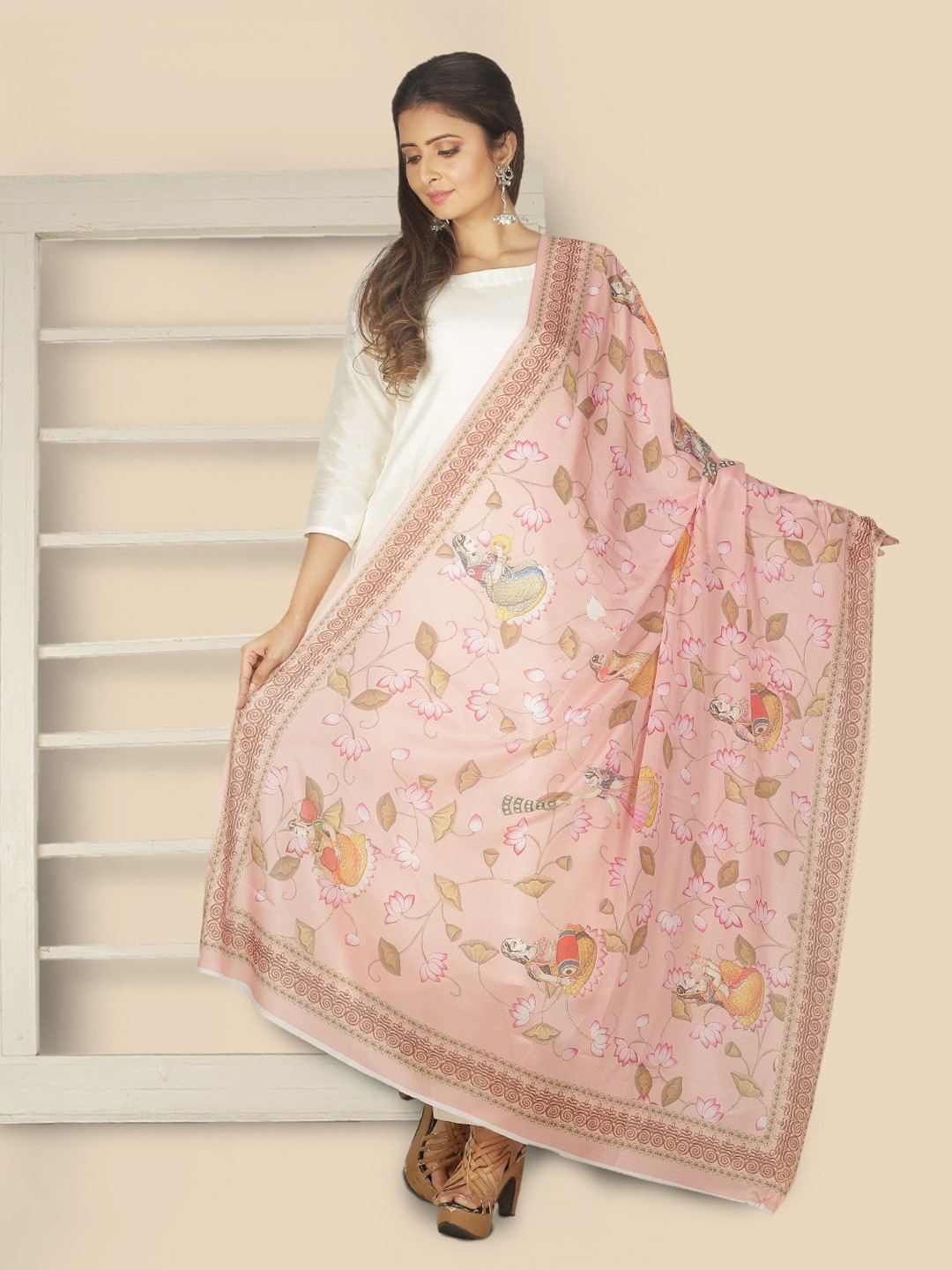 

Sanwara Pink & Brown Printed Pure Silk Dupatta