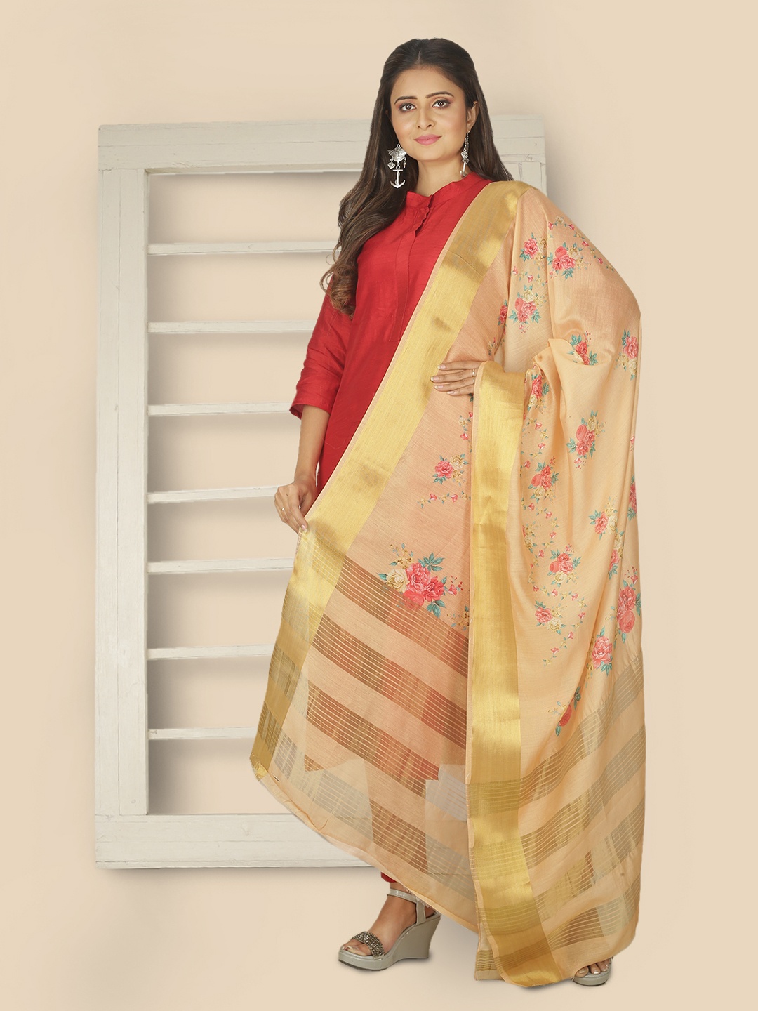 

Sanwara Peach-Coloured & Blue Printed Pure Silk Dupatta
