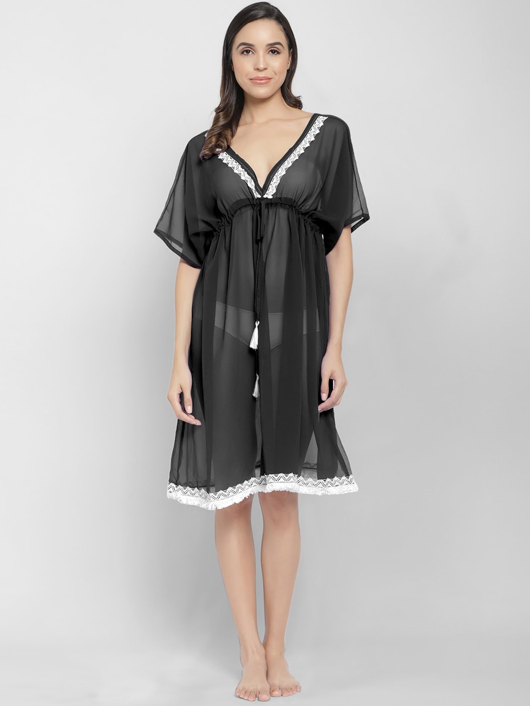 MIRCHI FASHION Women Black Lace Detail Georgette Kaftan Kurta