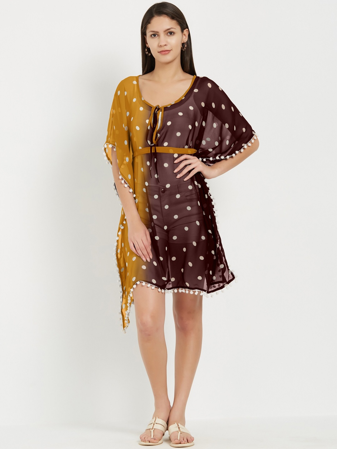 

MIRCHI FASHION Yellow & Brown Tie-Up Neck Kaftan Dress