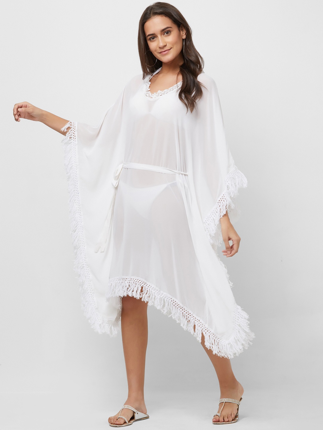 

MIRCHI FASHION Woman White Flared Sleeves Georgette Kaftan Kurta