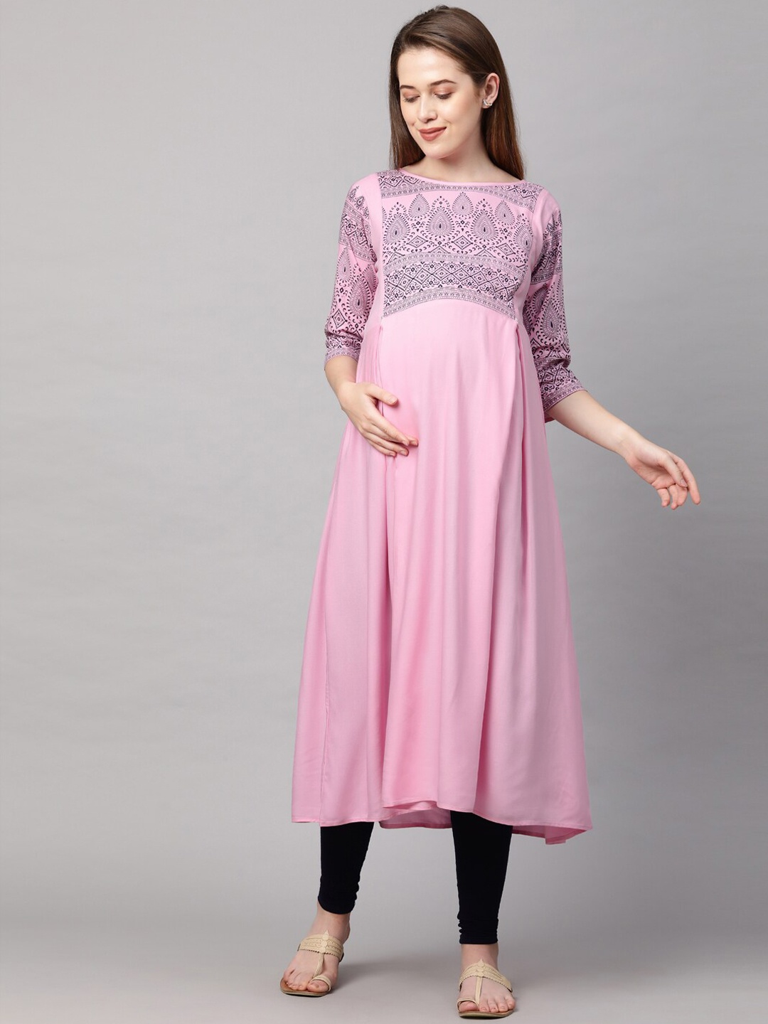 

MomToBe Women Pink Geometric Yoke Design Maternity Nursing Anarkali Kurta