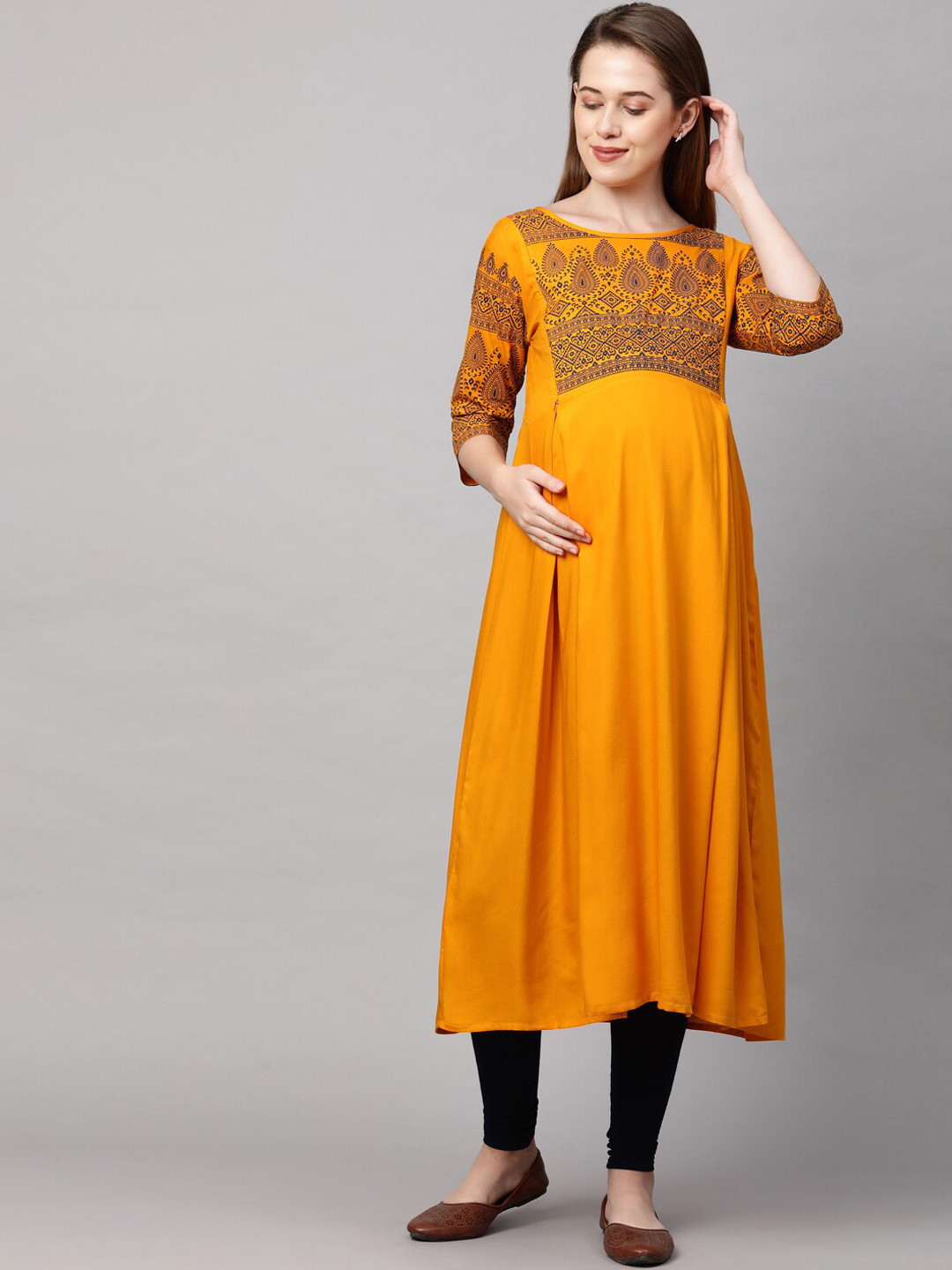 

MomToBe Women Mustard Yellow Ethnic Motifs Yoke Design Maternity Nursing Sustainable Kurta