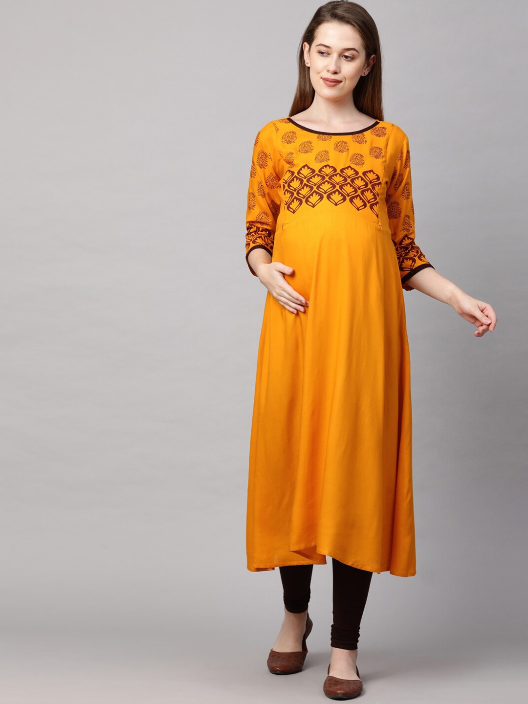 

MomToBe Women Mustard Yellow & Maroon Ethnic Motifs Maternity Nursing Kurta