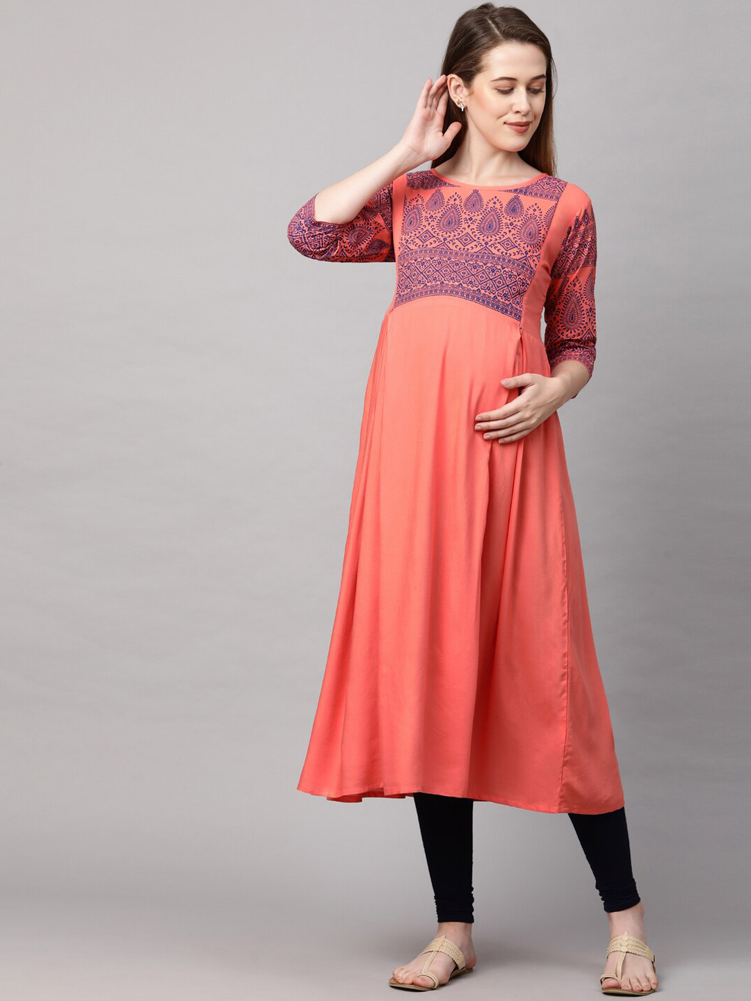 

MomToBe Women Peach-Coloured Ethnic Motifs Yoke Design Maternity Nursing Sustainable Kurta