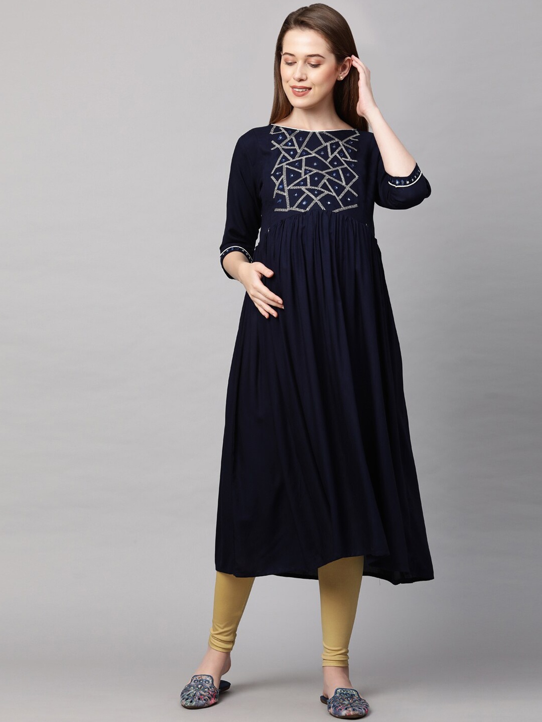 

MomToBe Women Navy Blue Yoke Design Mirror Work Maternity Nursing Anarkali Sustainable Kurta