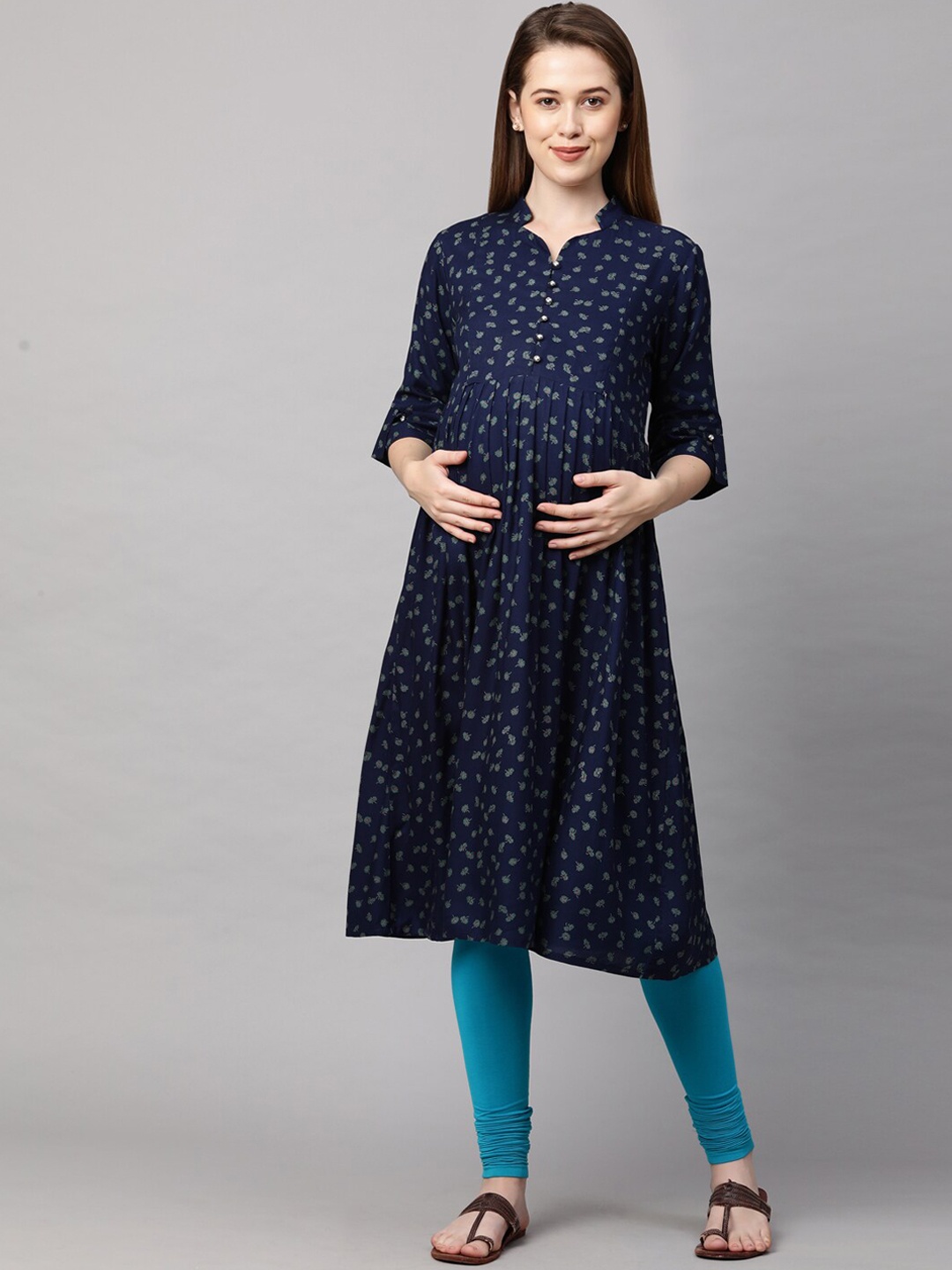 MomToBe Women Navy Blue Floral Printed Maternity Nursing Sustainable Kurta