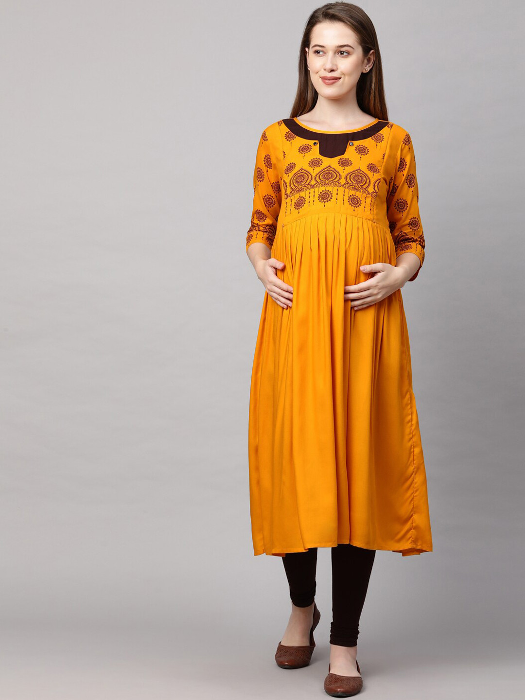 

MomToBe Women Mustard Yellow Ethnic Motifs Yoke Design Maternity Nursing Anarkali Kurta