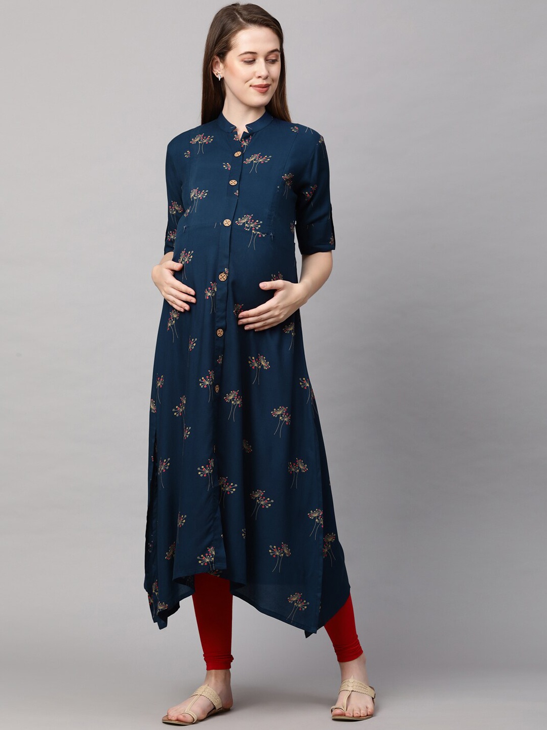 

MomToBe Women Navy Blue Geometric Printed Maternity Nursing Sustainable Kurta