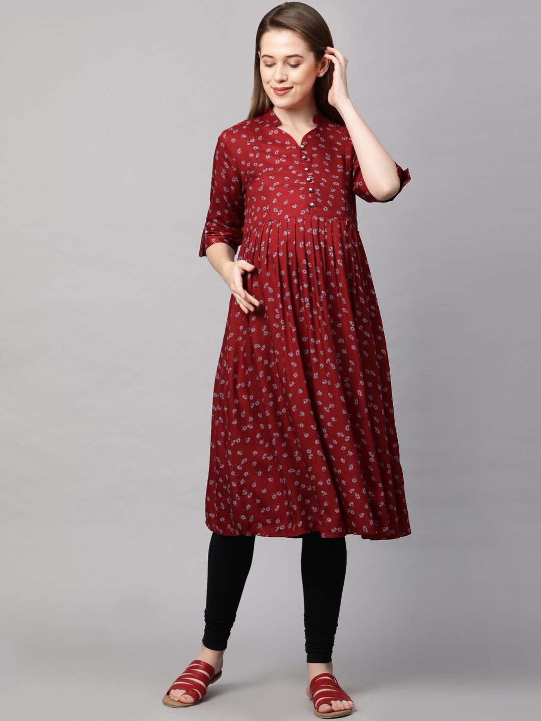 

MomToBe Women Maroon Floral Printed Maternity Nursing Anarkali Kurta