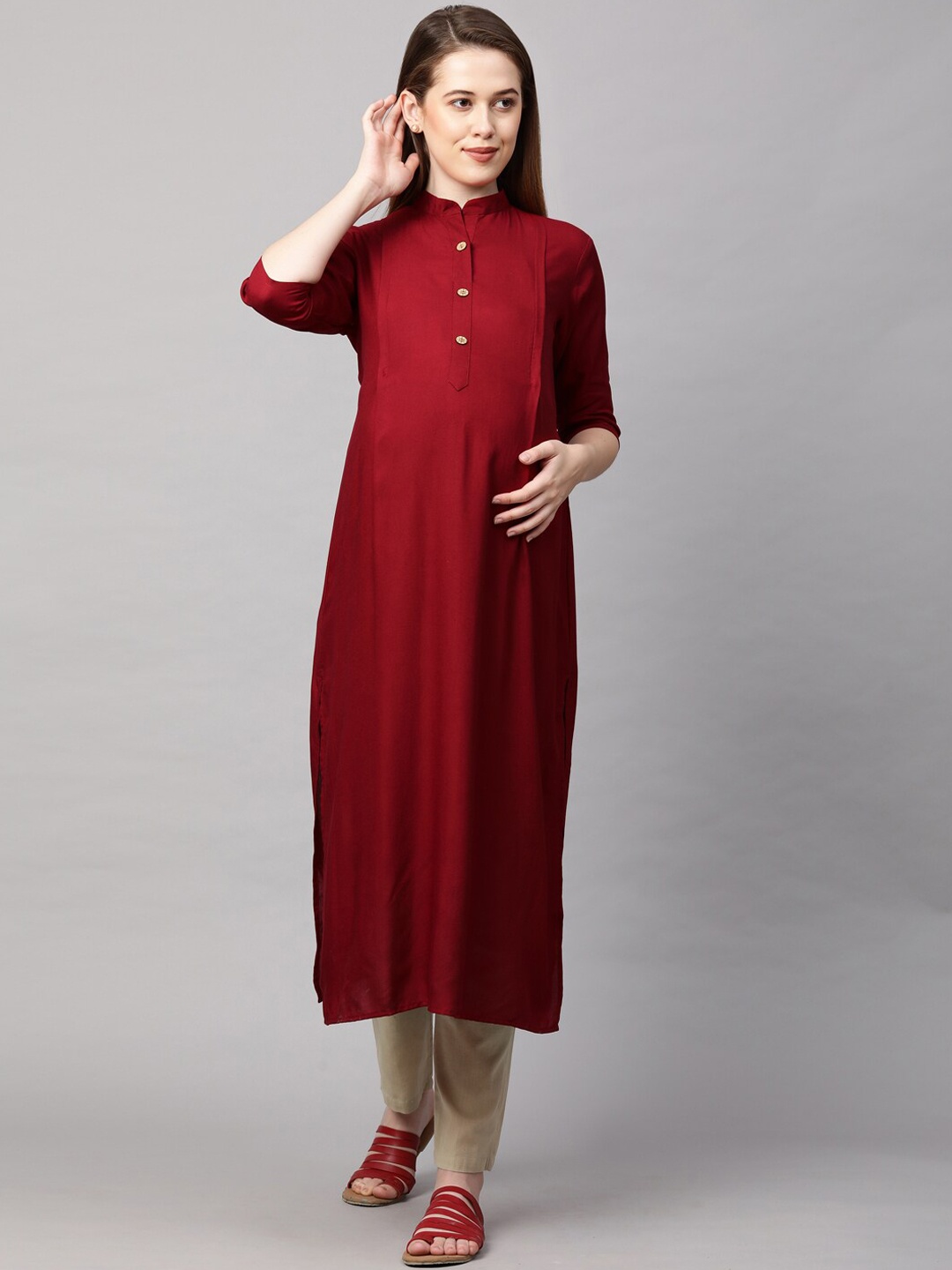 

MomToBe Women Maroon Solid Maternity Nursing Kurta