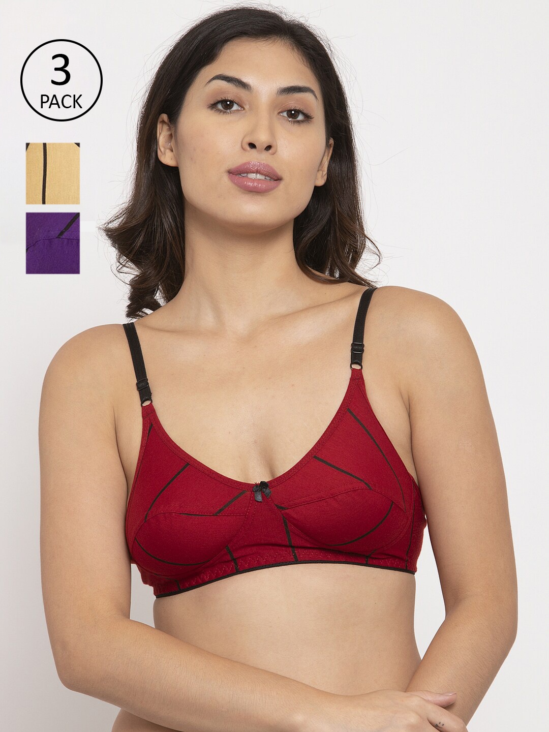 

Innocence Pack of 3 Maroon & Beige Printed Non Padded Everyday Bra BBAPLIN90644_28B