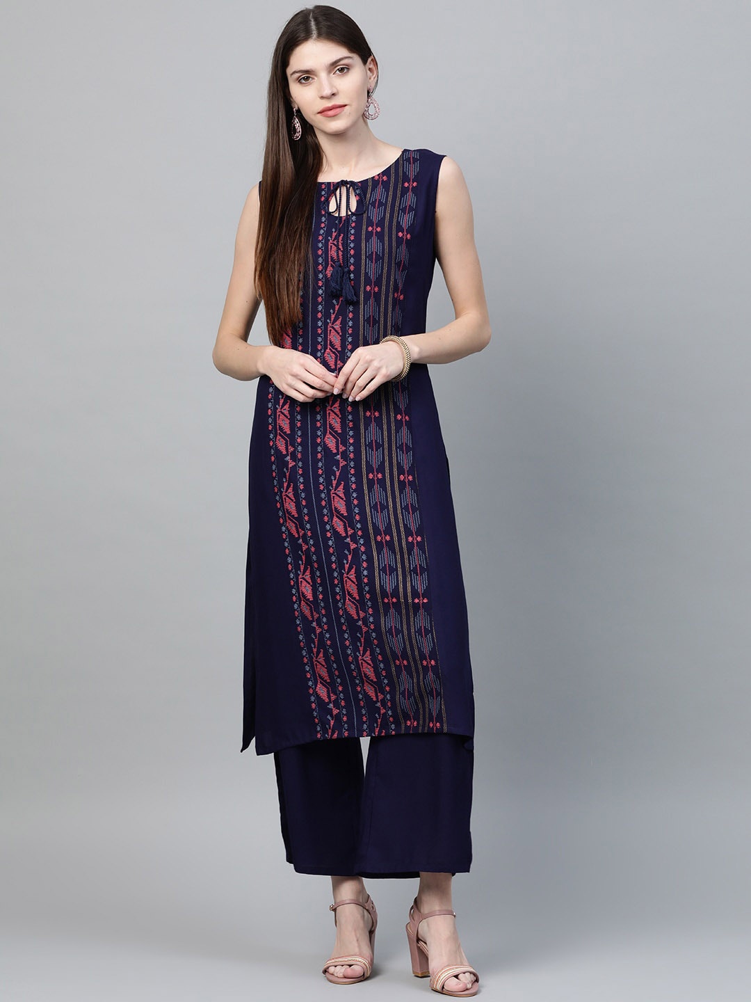 

ZIYAA Women Navy Blue Printed Panelled Kurta with Palazzos