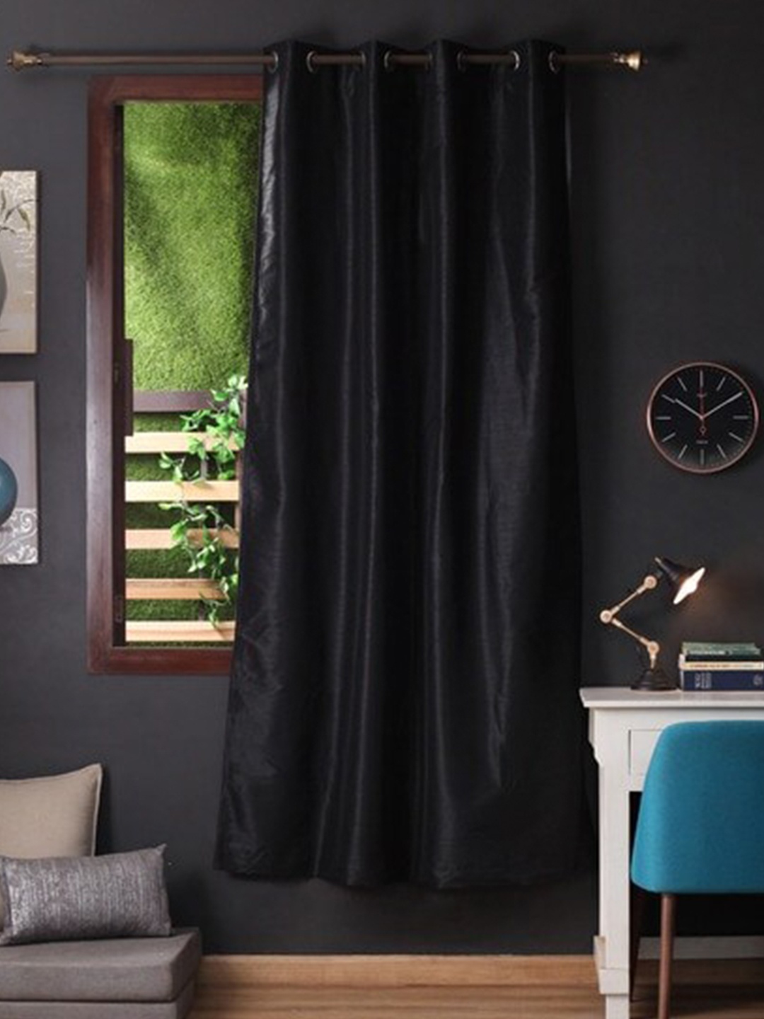 

Lushomes Black Polyester Door Curtain With Blackout Matching Lining